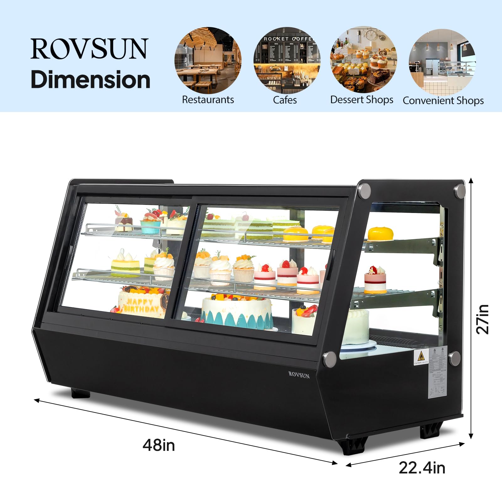 ROVSUN 48" 7.1 Cu.Ft. 400W 110V Black Refrigerated Bakery Display Case