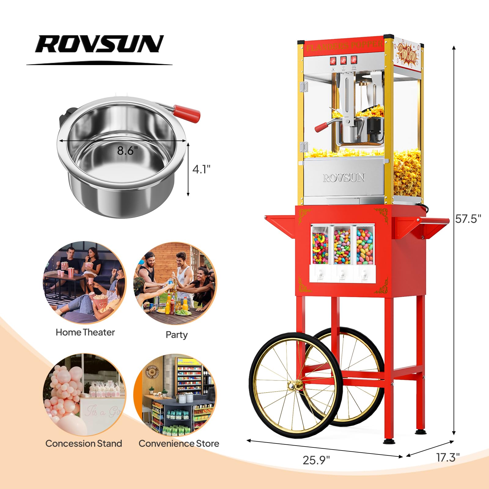 ROVSUN 10 oz Kettle 800W 120V Popcorn Machine Cart with Candy Dispenser Red