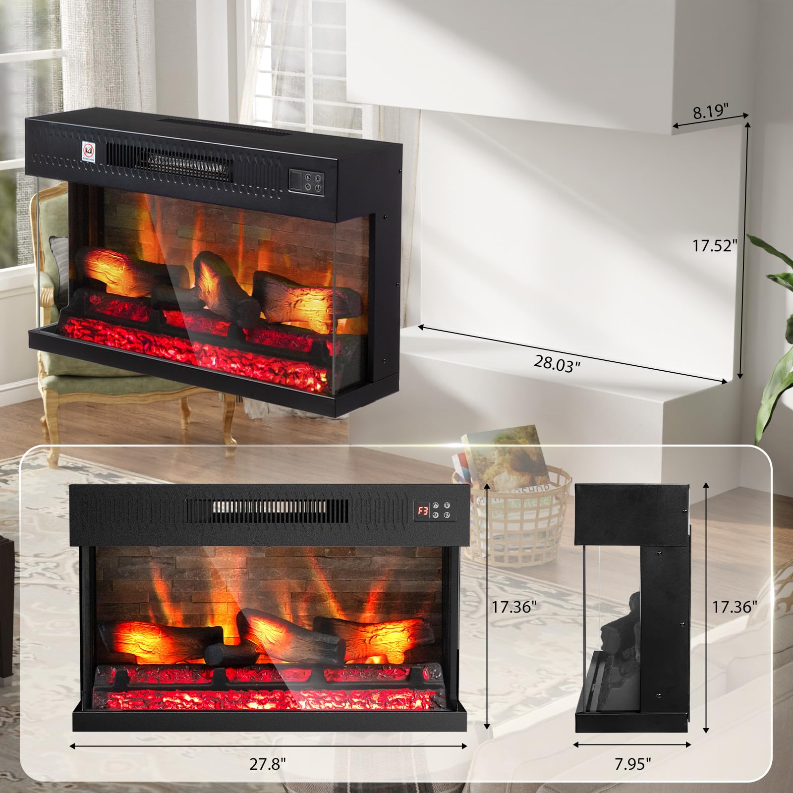 ROVSUN 28" 1400W 120V Electric Fireplace Insert with Remote Control
