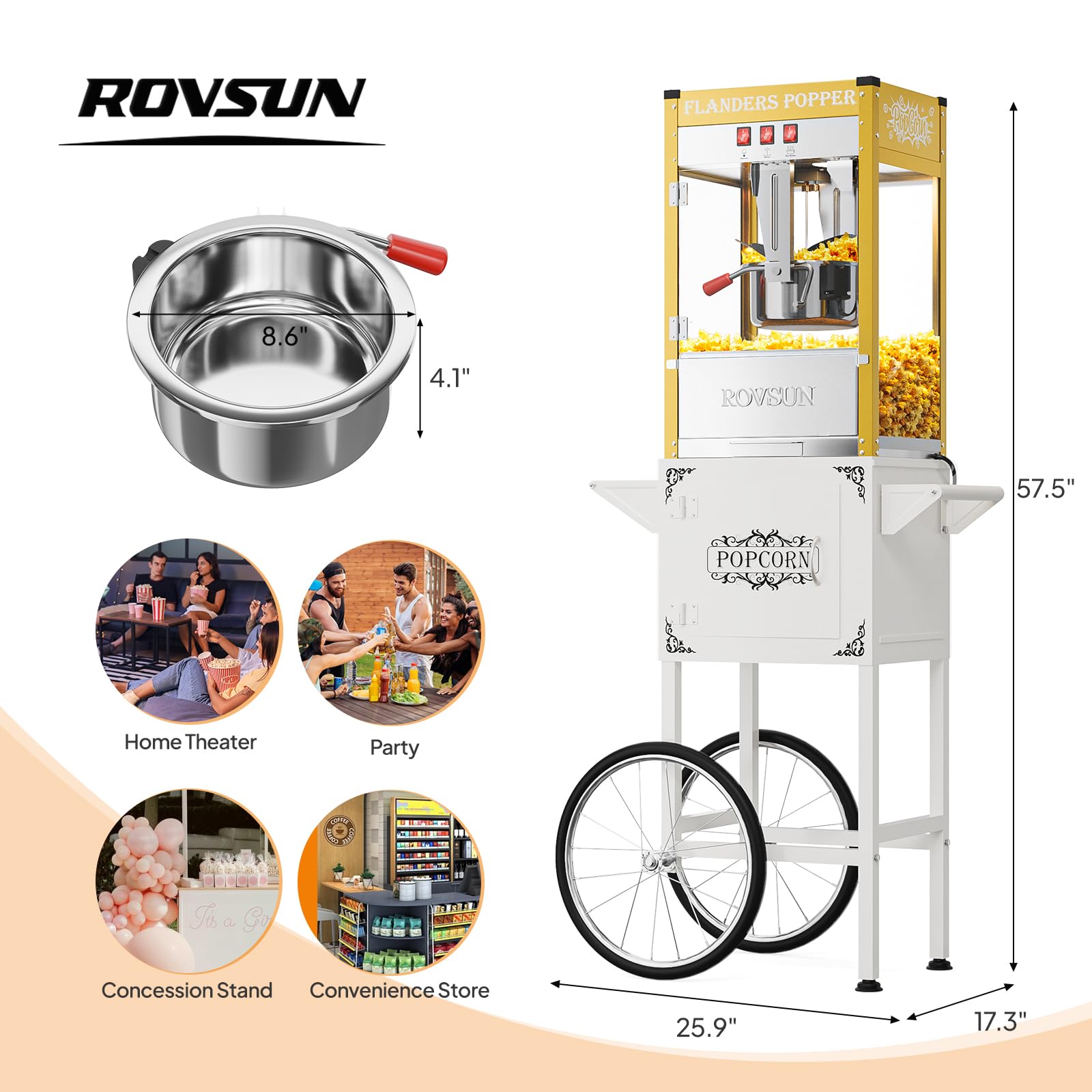 ROVSUN 10 oz Kettle 800W 120V Popcorn Machine Cart Gold