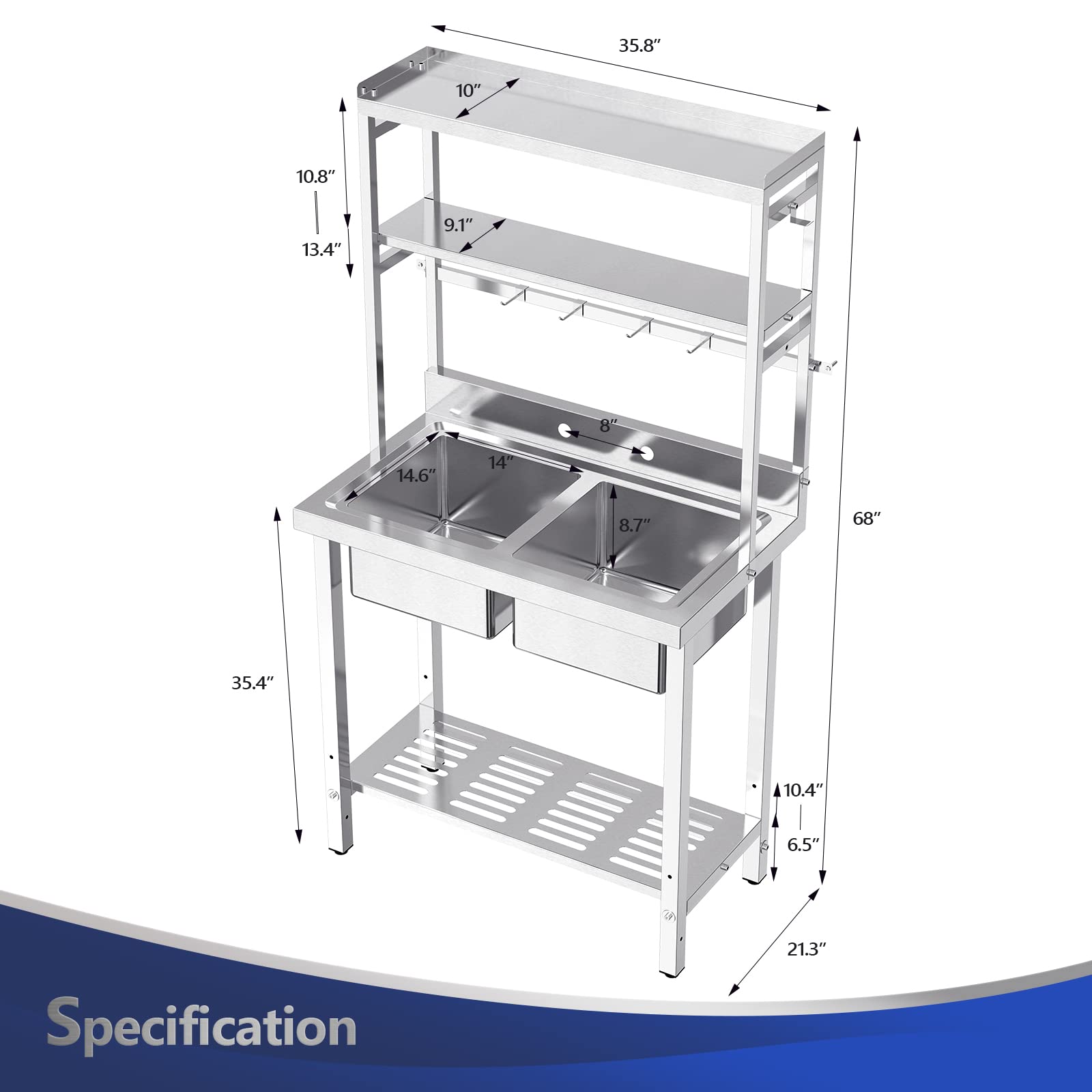 ROVSUN 36" x 21" Two Compartment Stainless Steel Sink with Shelves