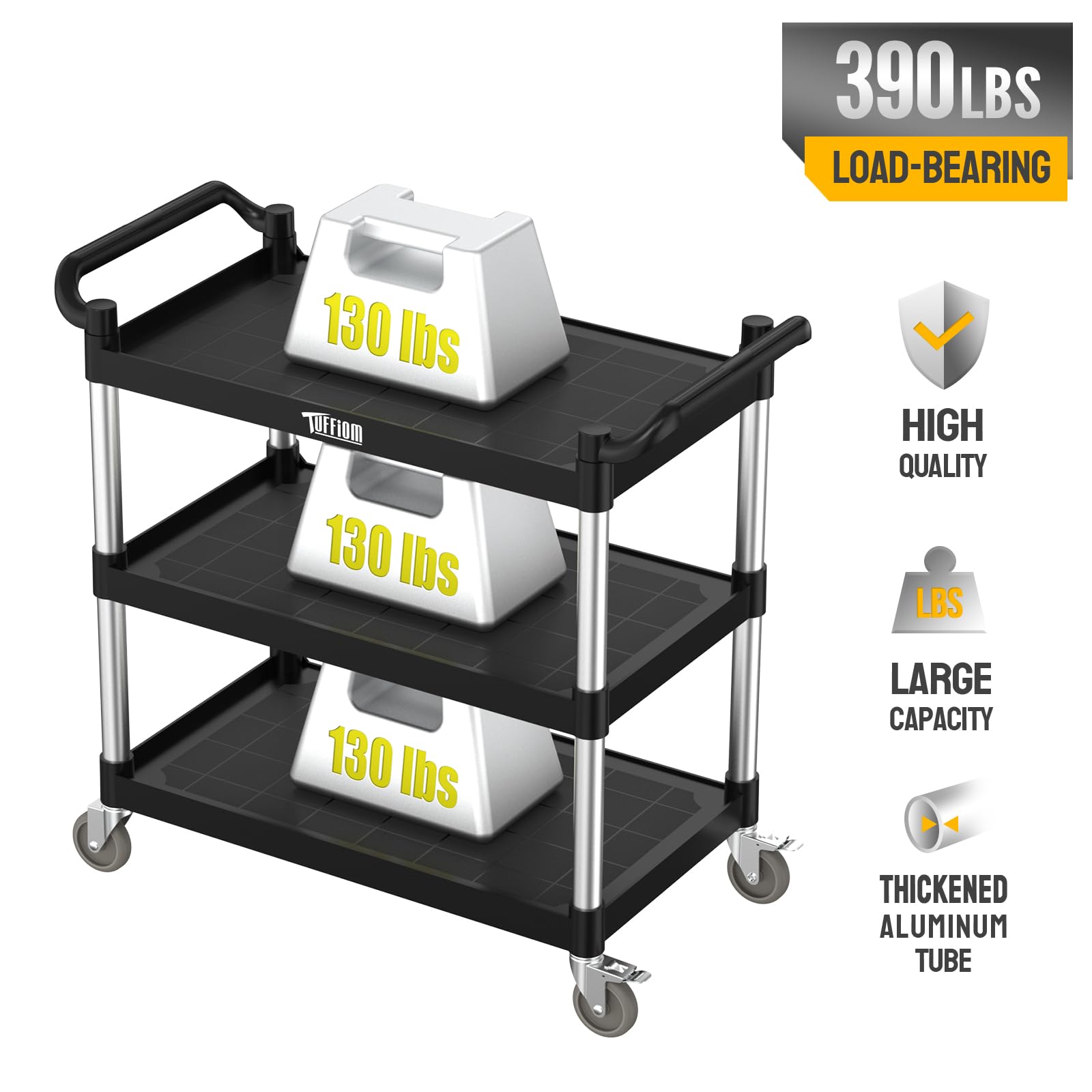 3-Tier 40" x 20" 450 lb. Capacity Plastic Utility Cart/Bussing Cart Black