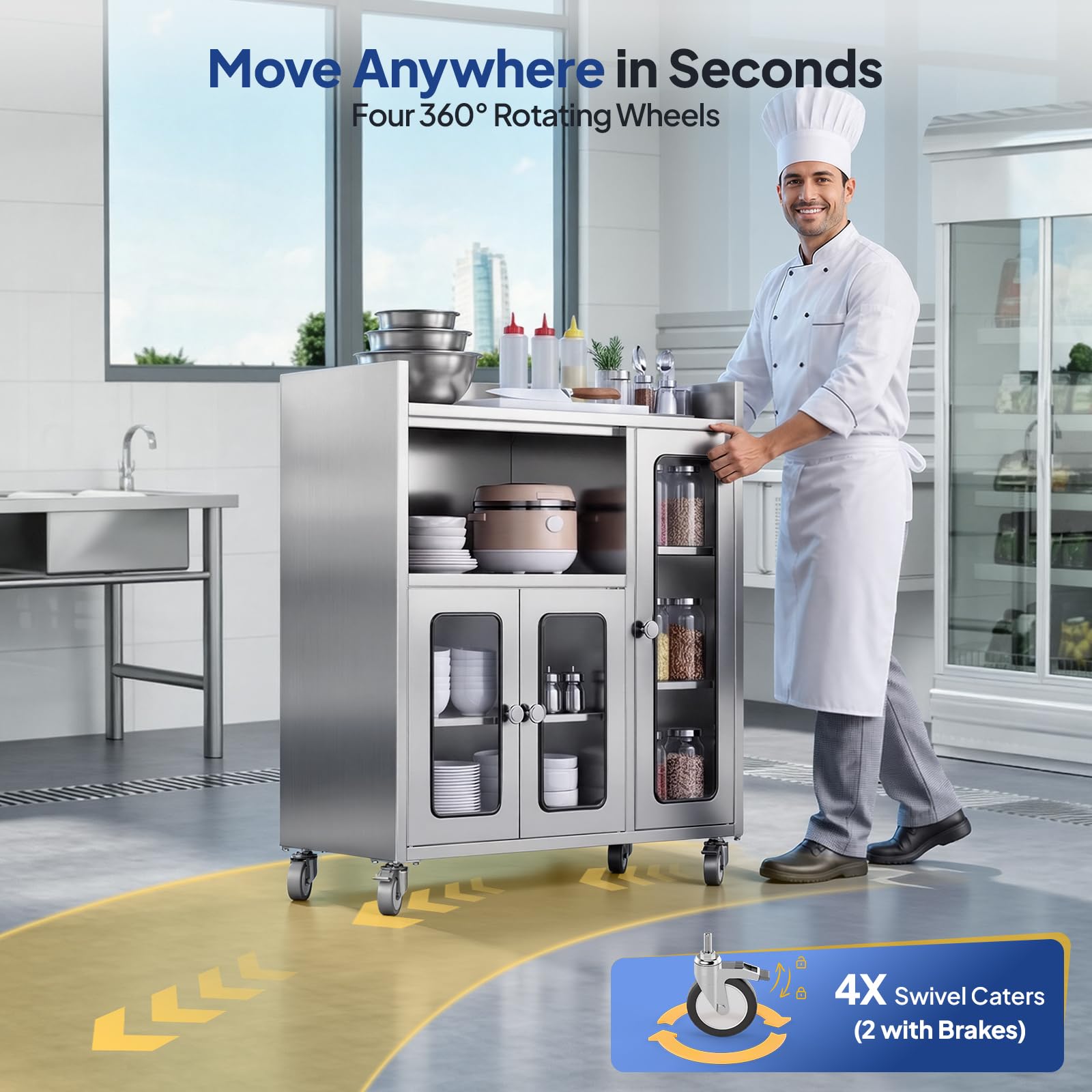 ROVSUN 35" x 16" Stainless Steel Table with Cabinet & Wheels