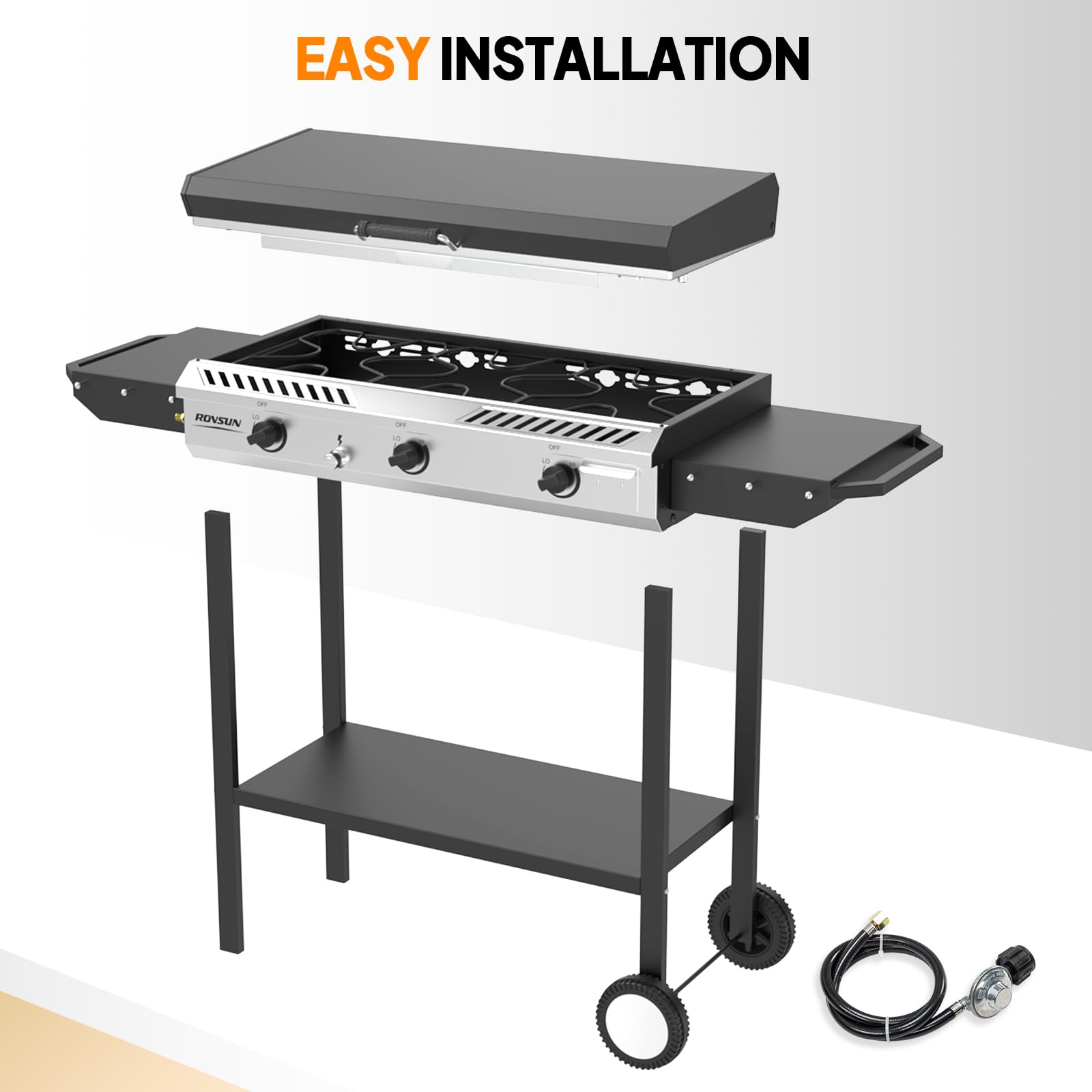 ROVSUN 3 Burner 225,000 BTU Outdoor Gas Propane Stove with Griddle, Side Shelves & Wheels