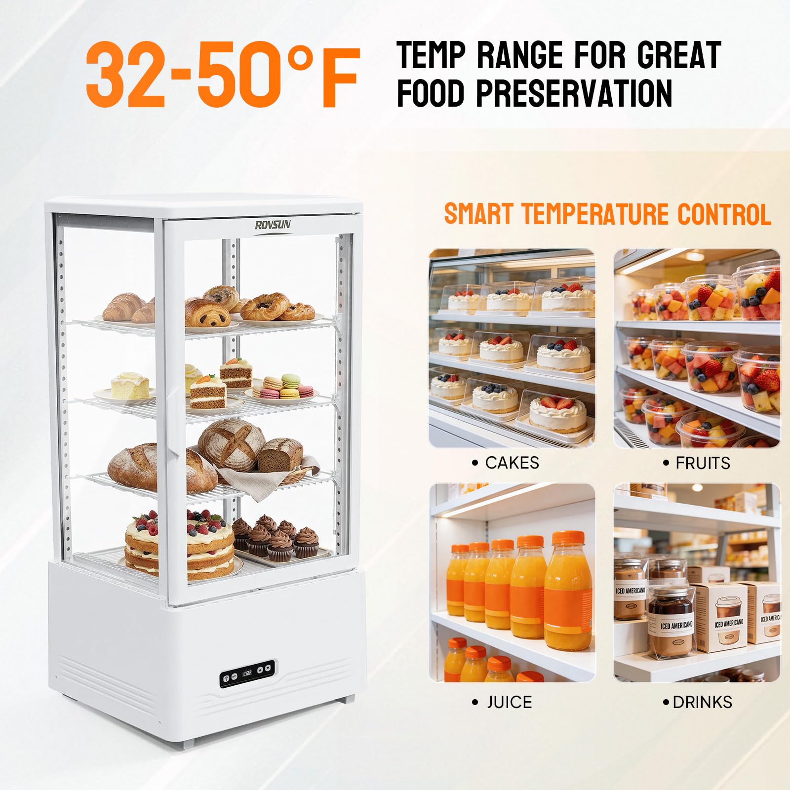 ROVSUN 18" 3 Cu.Ft. Four-Sided White Refrigerated Countertop Bakery Display Case