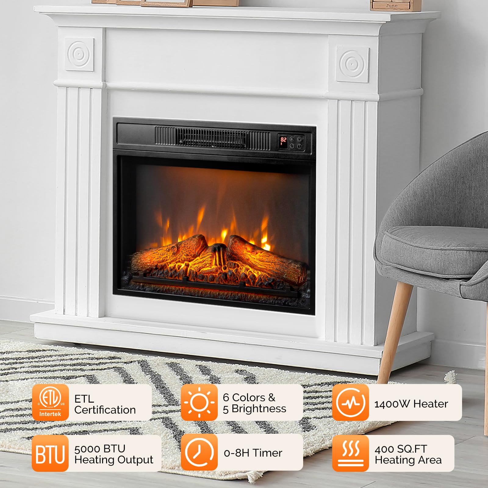 ROVSUN 23'' 1400W 120V Electric Fireplace Inserts with APP & Remote