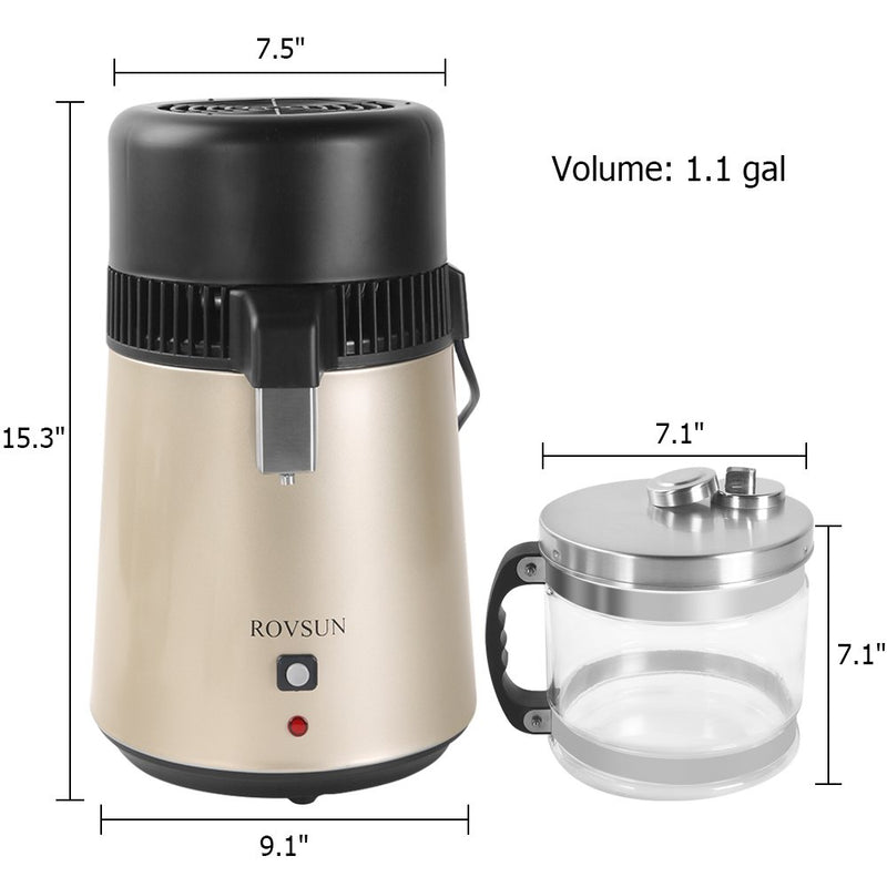 ROVSUN 4L Stainless Steel Water Distiller Countertop with Glass Collection Golden
