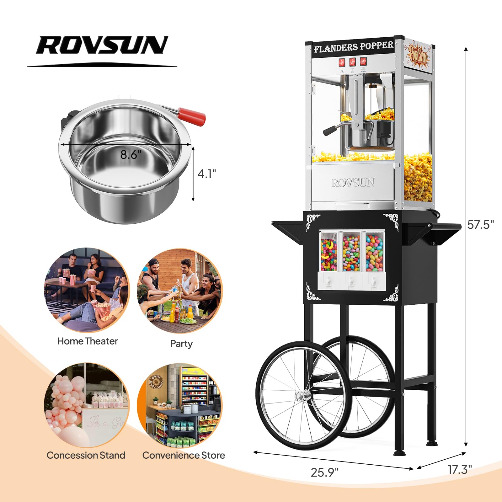 ROVSUN 10 oz Kettle 800W 120V Popcorn Machine Cart with Candy Dispenser Black