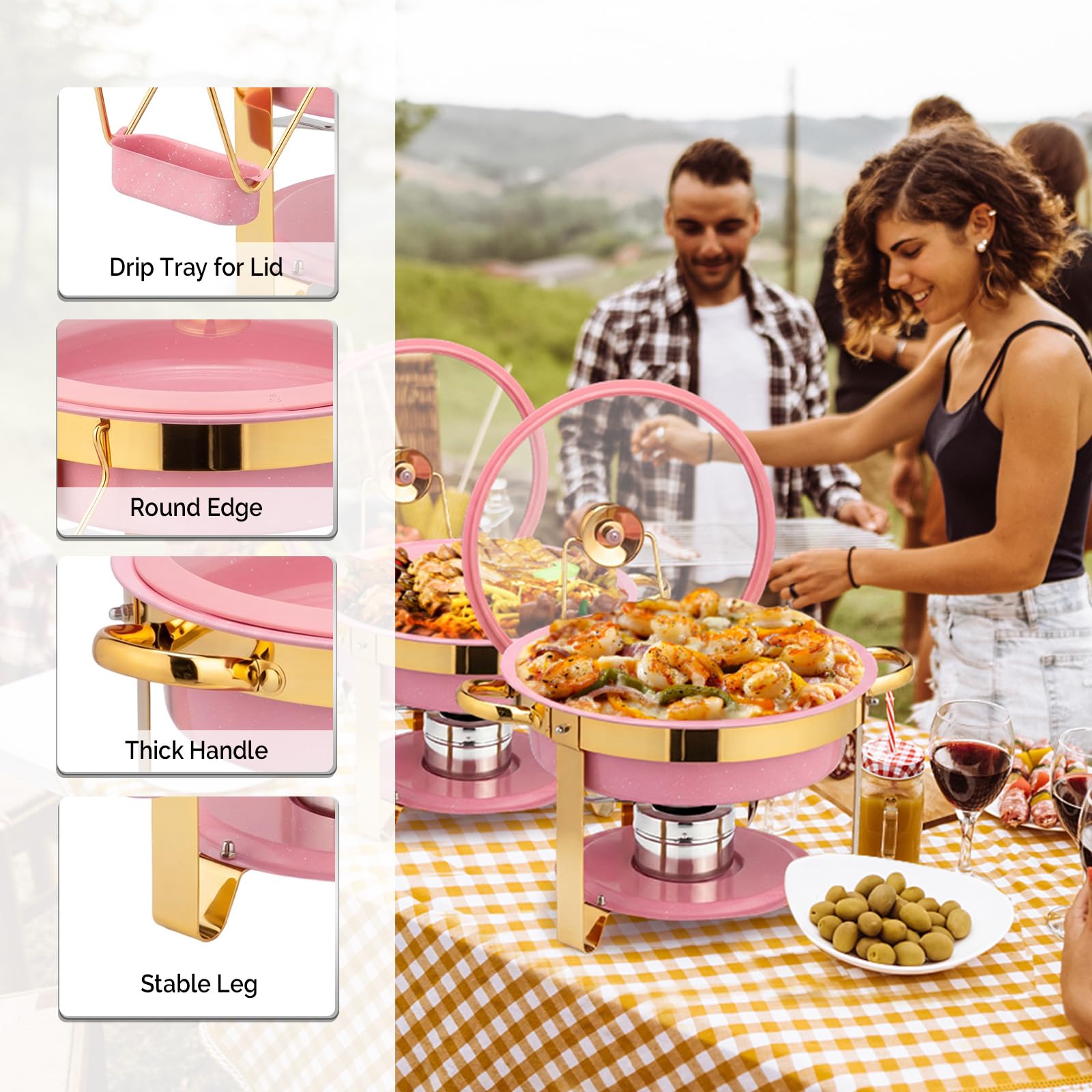ROVSUN 5 QT Round Pink-Gold Chafing Dish Buffet Set with Lid Holder