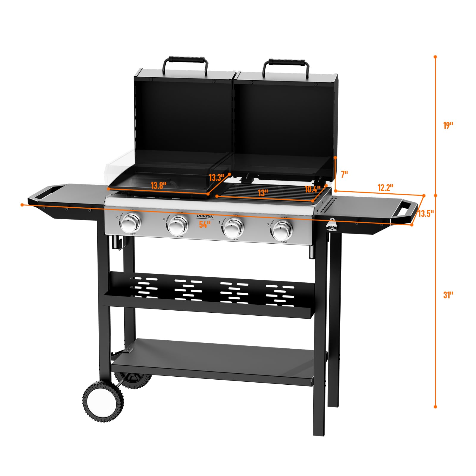 ROVSUN 4 Burner 2-in-1 Propane Grill and Griddle Combo Standing with Lid
