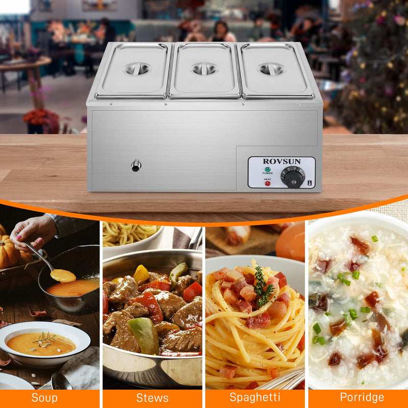 ROVSUN 21QT 600W 110V 3-Pan Electric Steam Table Food Warmer Countertop Commercial