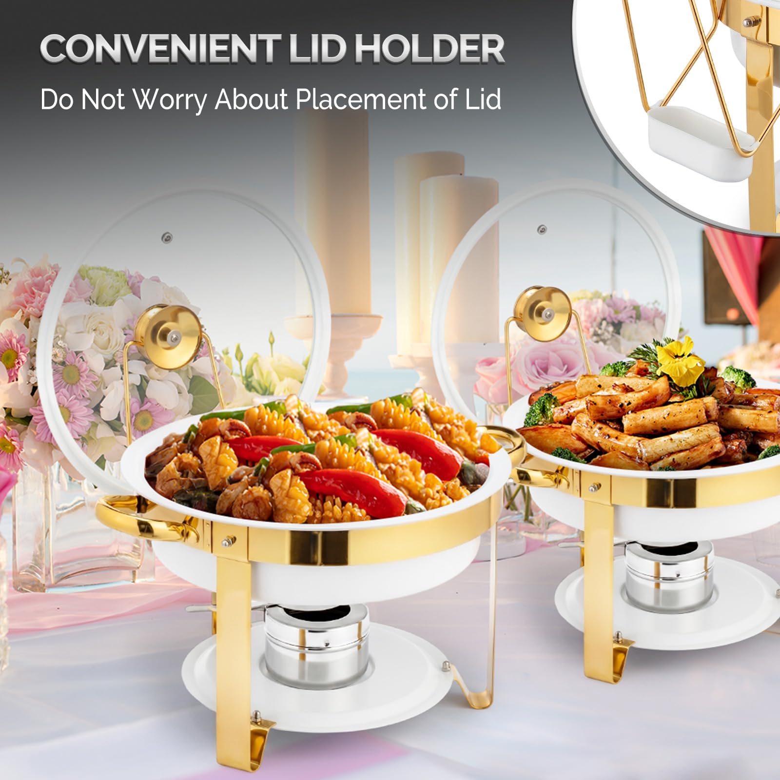 ROVSUN 5 QT Round White-Gold Chafing Dish Buffet Set with Lid Holder