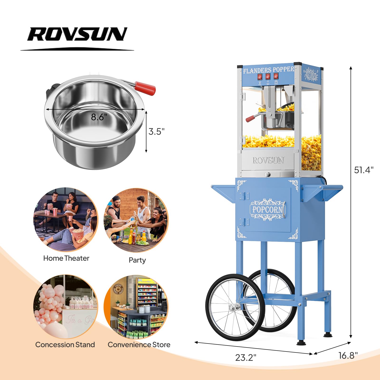 ROVSUN 8 oz Kettle 800W 120V Popcorn Machine Cart Blue
