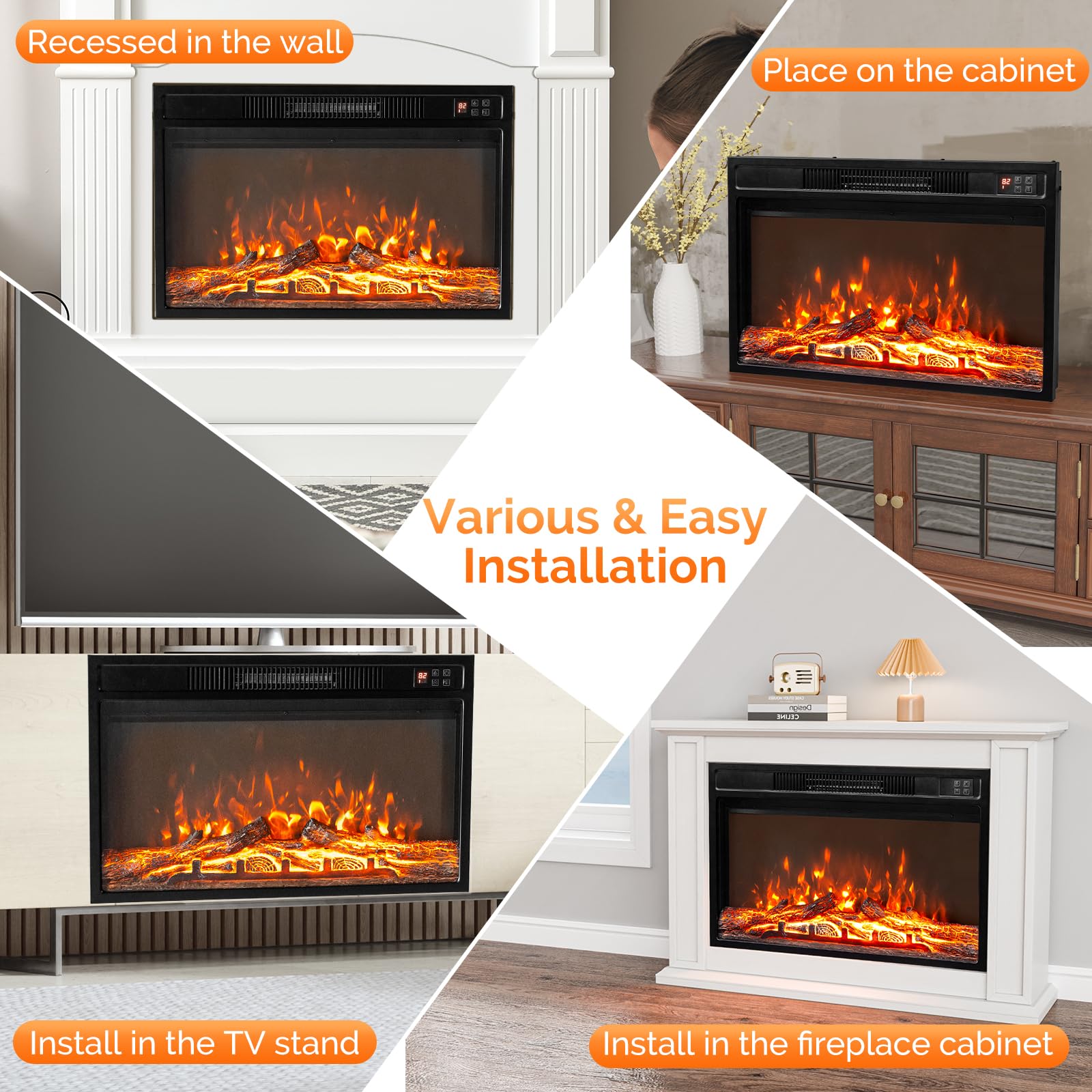 ROVSUN 26'' 1500W 120V Electric Fireplace Inserts with APP & Remote