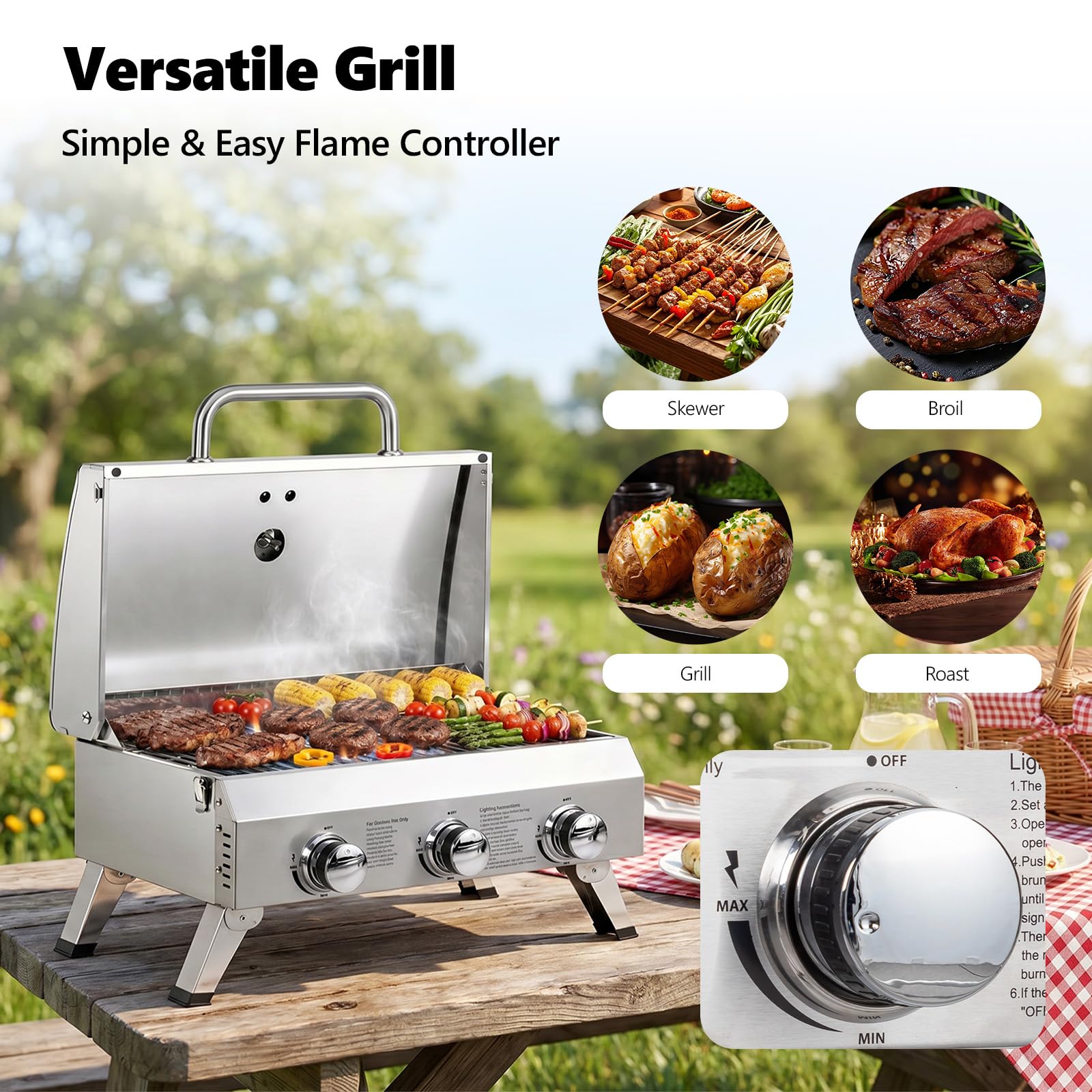 ROVSUN 3-Burner 30000 BTU Portable Propane Grill Tabletop with Igniter