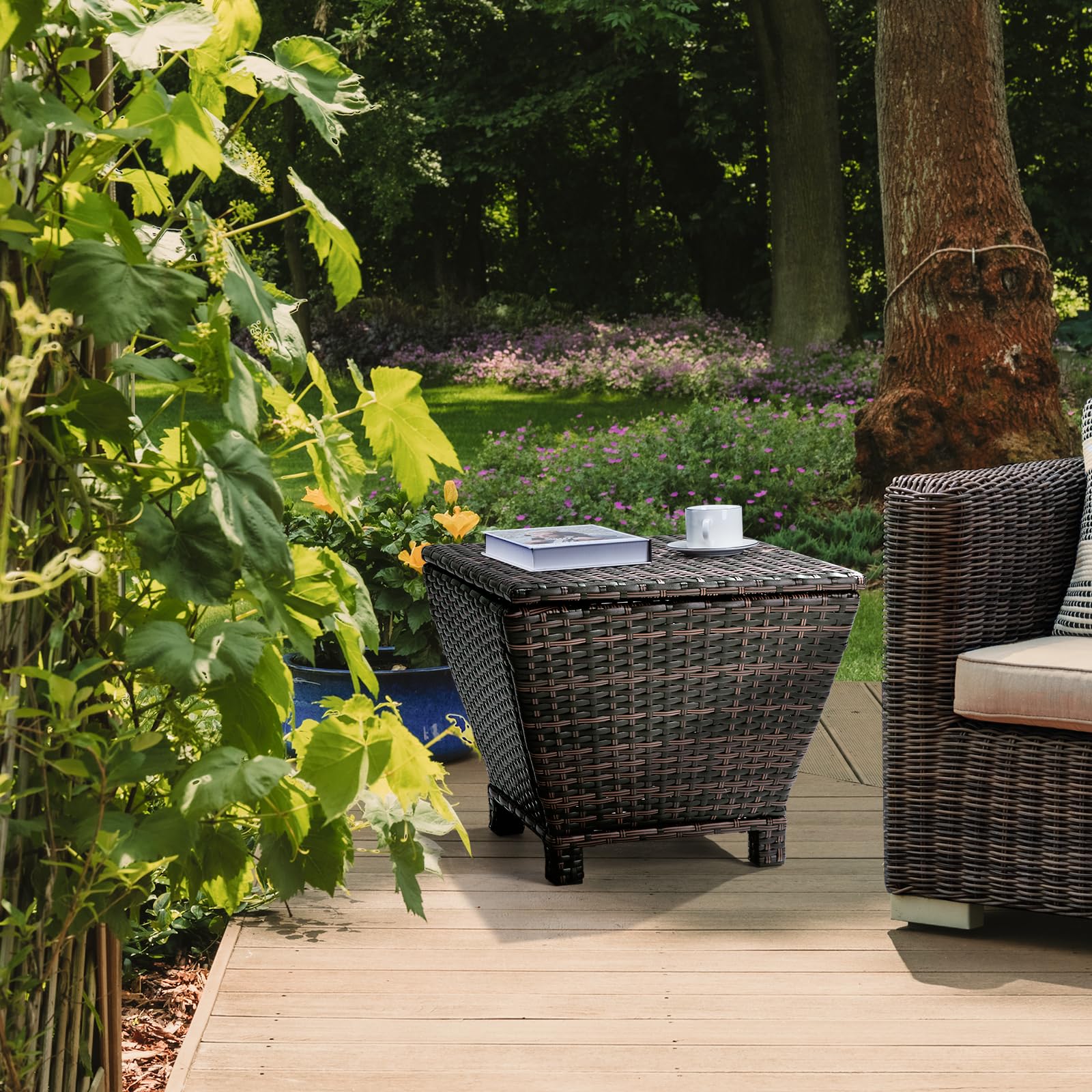 13 Gallon Trapezoidal Outdoor Wicker Side Table with Storage