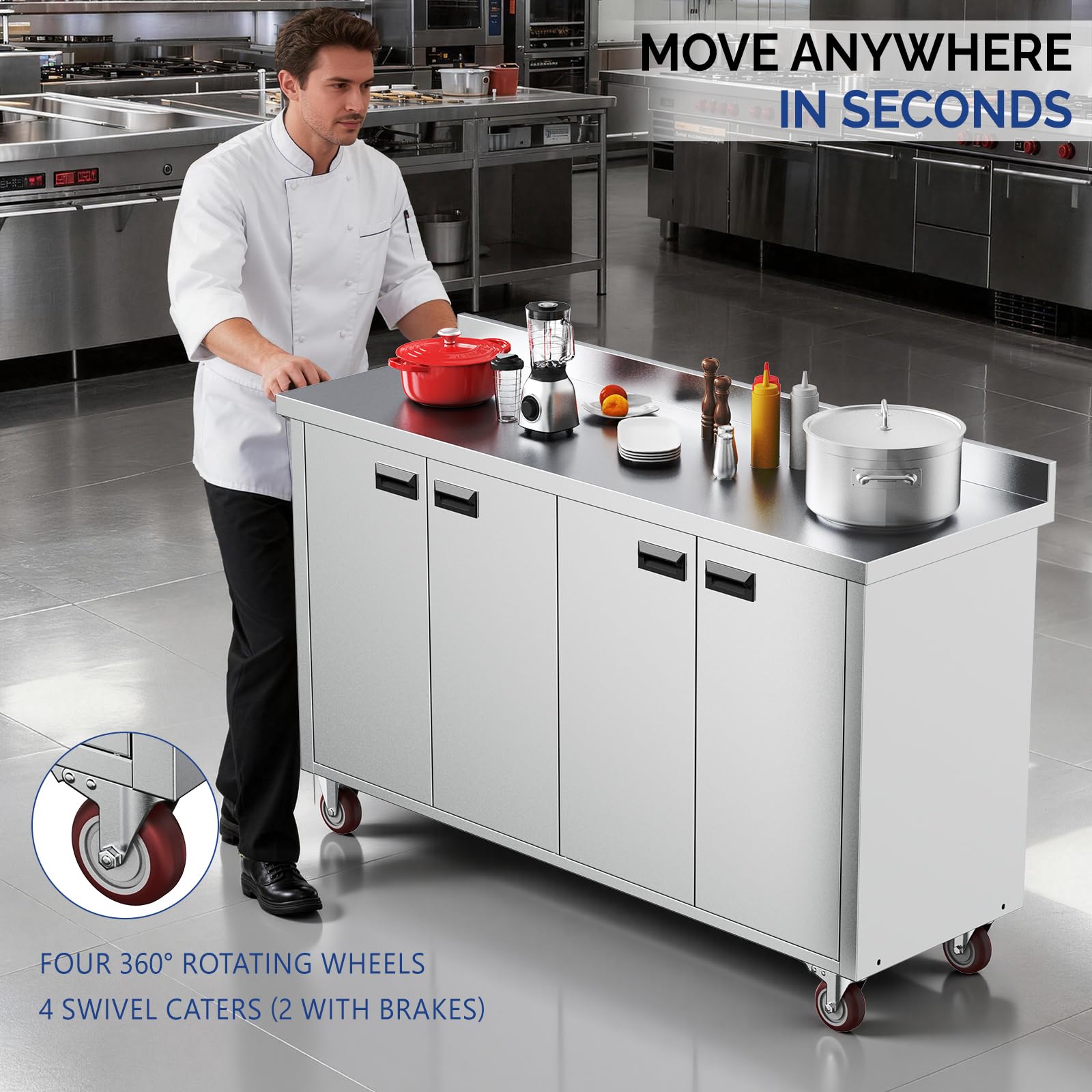 ROVSUN 59" x 19" Stainless Steel Table with Cabinet & Wheels
