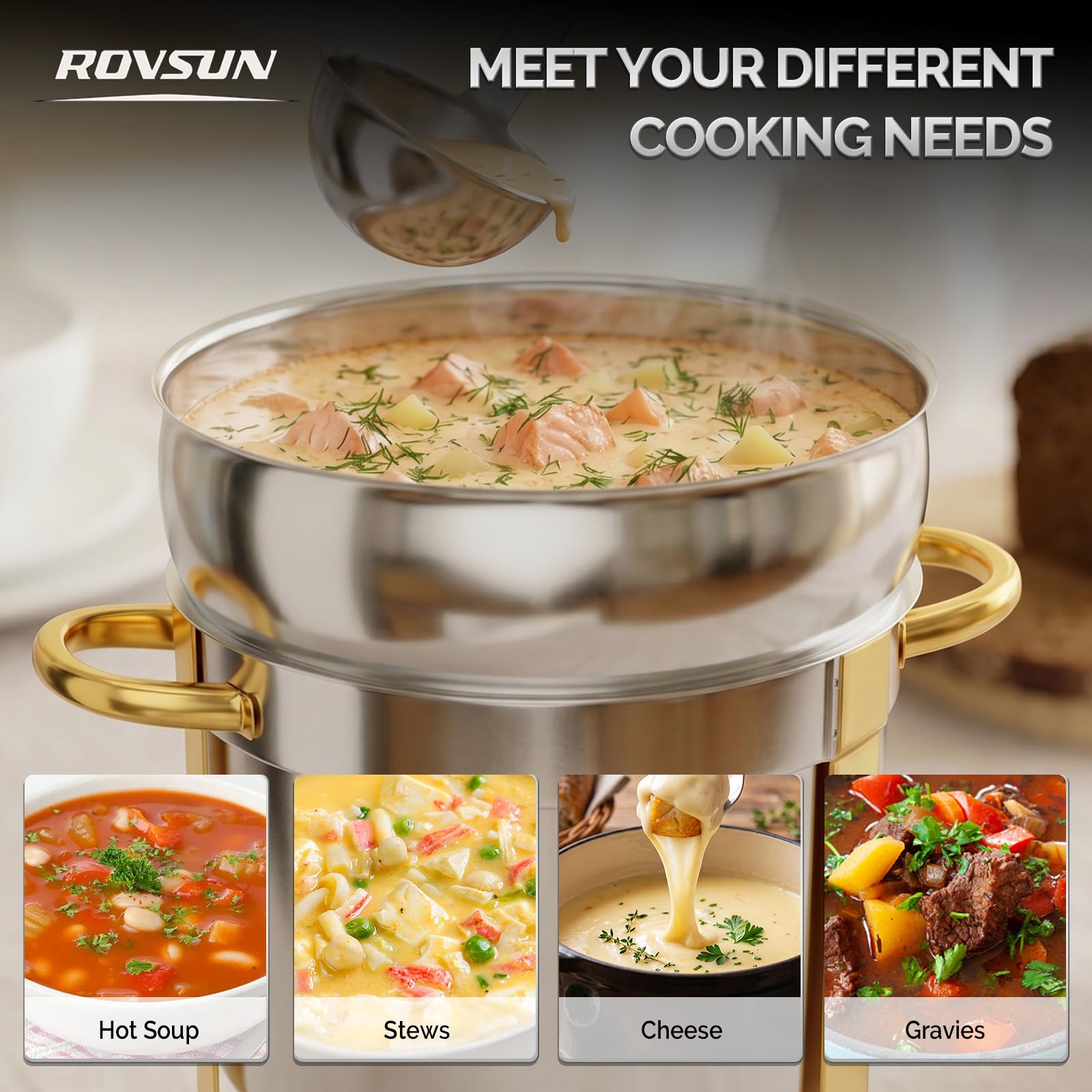 ROVSUN 7 QT Round Silver-Gold Buffet Soup Chafer with Lid Holder