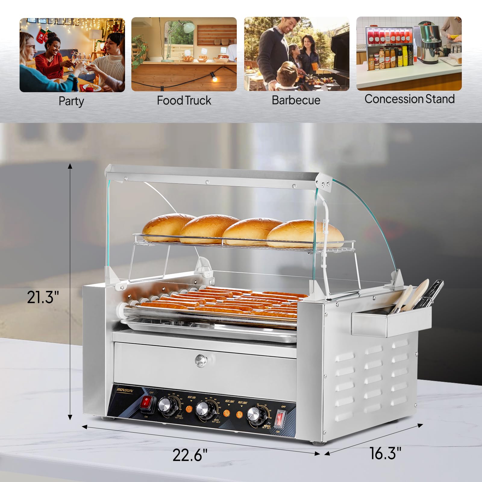 ROVSUN 9 Rollers 1,500W 110V 24 Hot Dog Roller Grill with Cover & Bun Warmer
