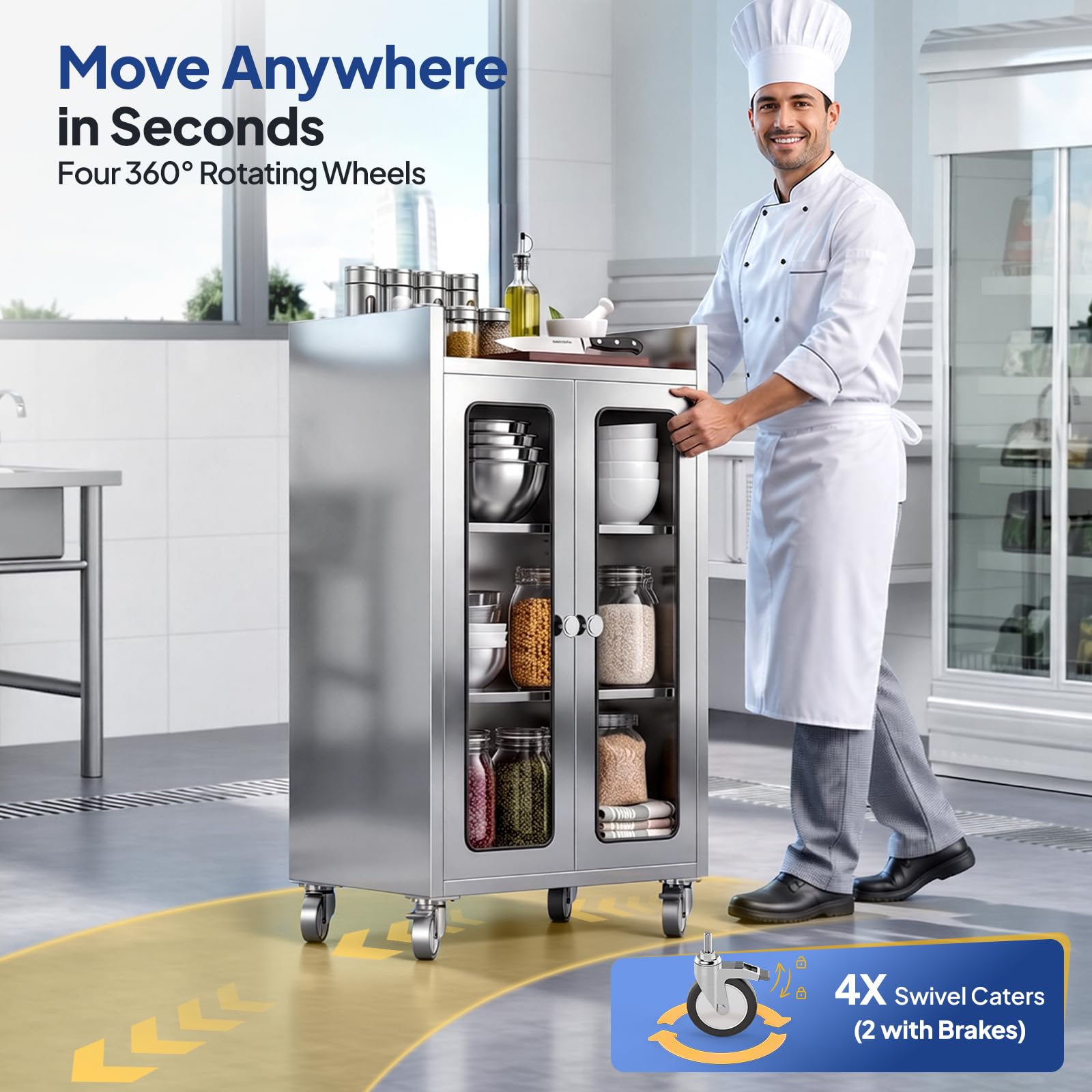 ROVSUN 24" x 16" Stainless Steel Table with Cabinet & Wheels