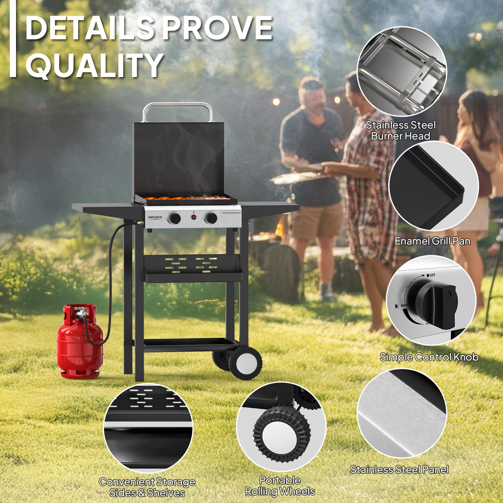 ROVSUN 2 Burner 20,000 BTU Portable Propane Rolling Flat Top Gas Grill with Stand & Lid
