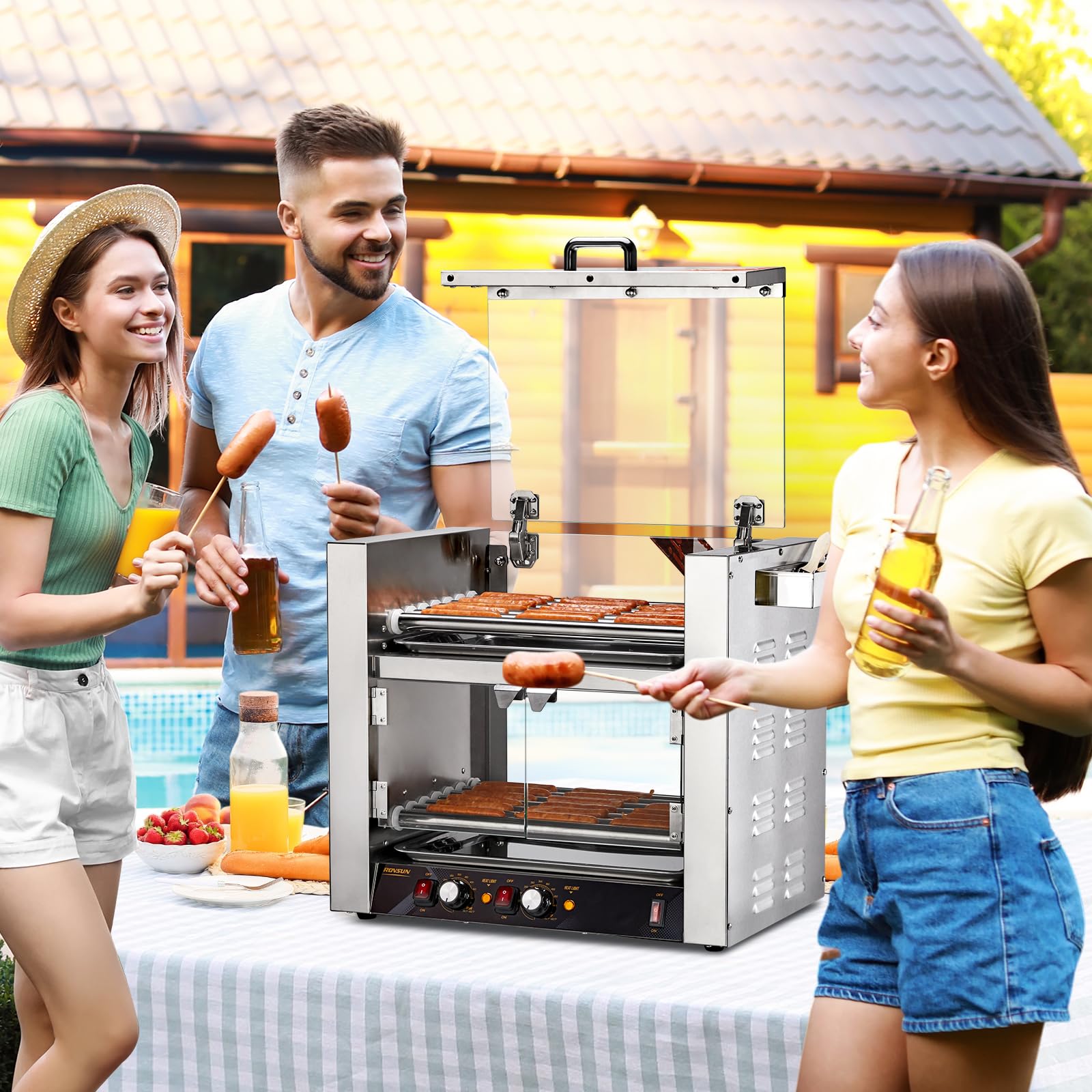 ROVSUN 2-Tier 14 Rollers 2,100W 110V 36 Hot Dog Roller Grill with Cover