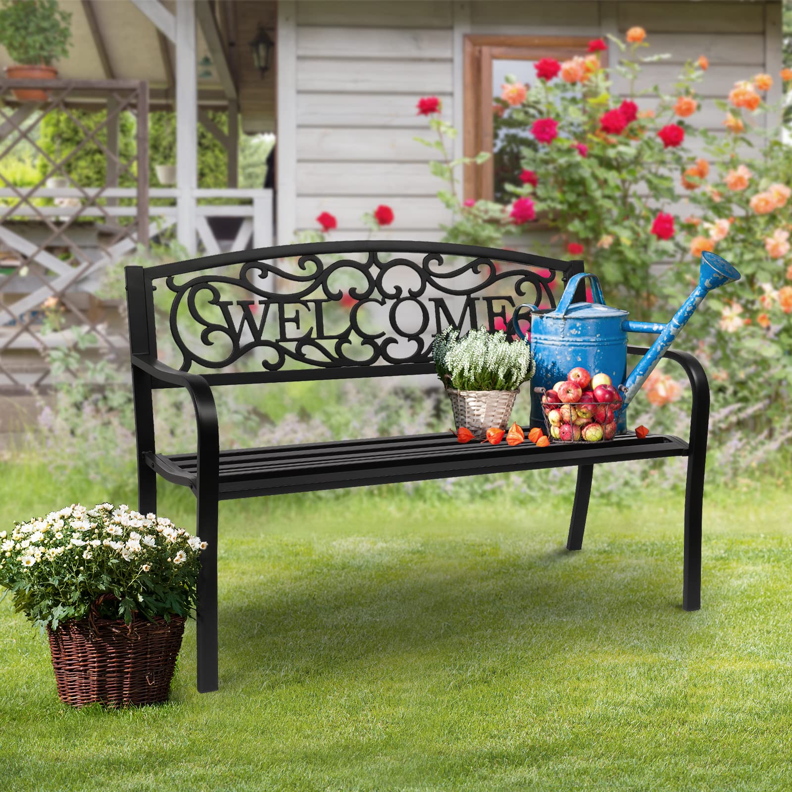 50" Outdoor Bench Metal with Welcome Back