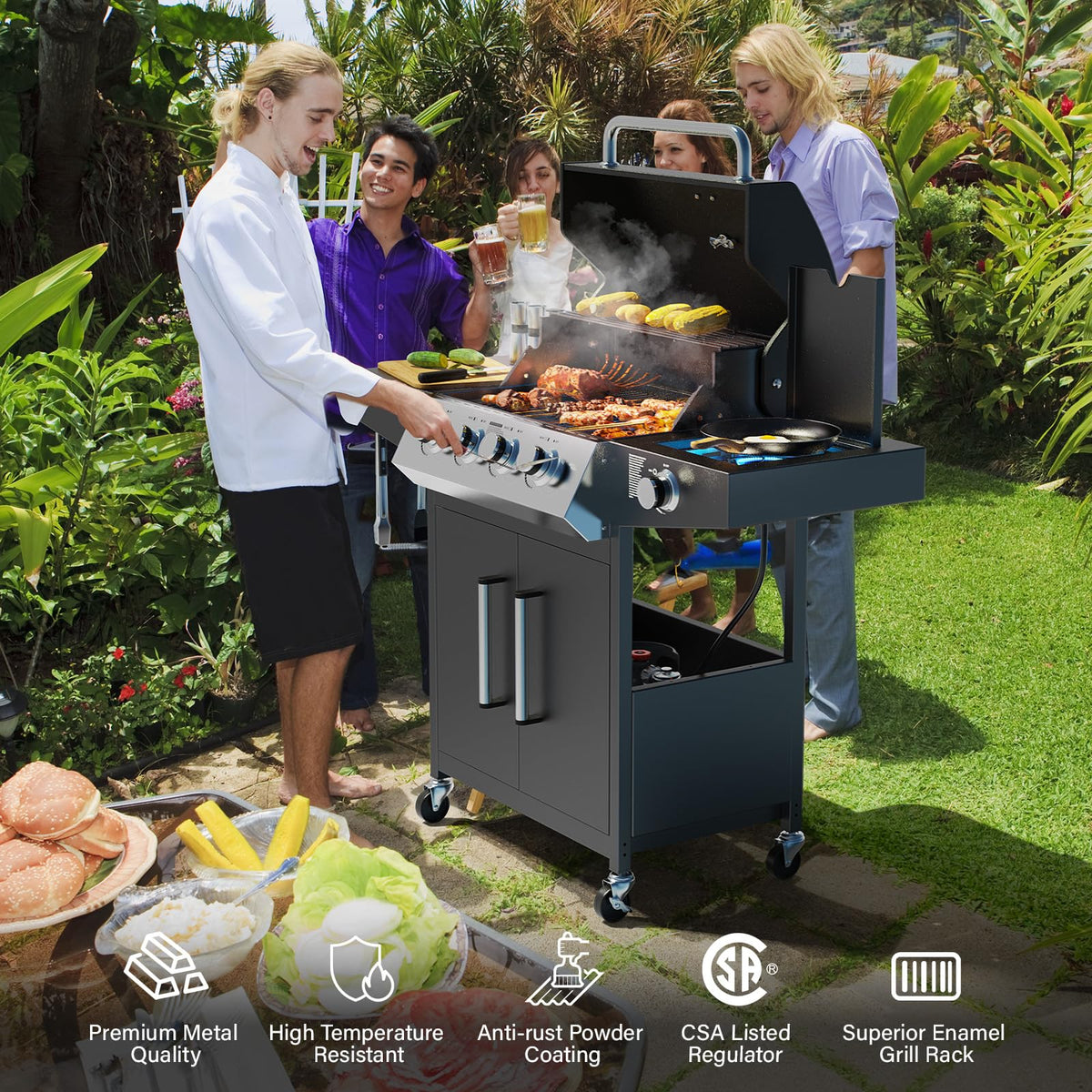 ROVSUN 4-Burner 58000 BTU Propane Grill with Side Burner & Rolling Wheels