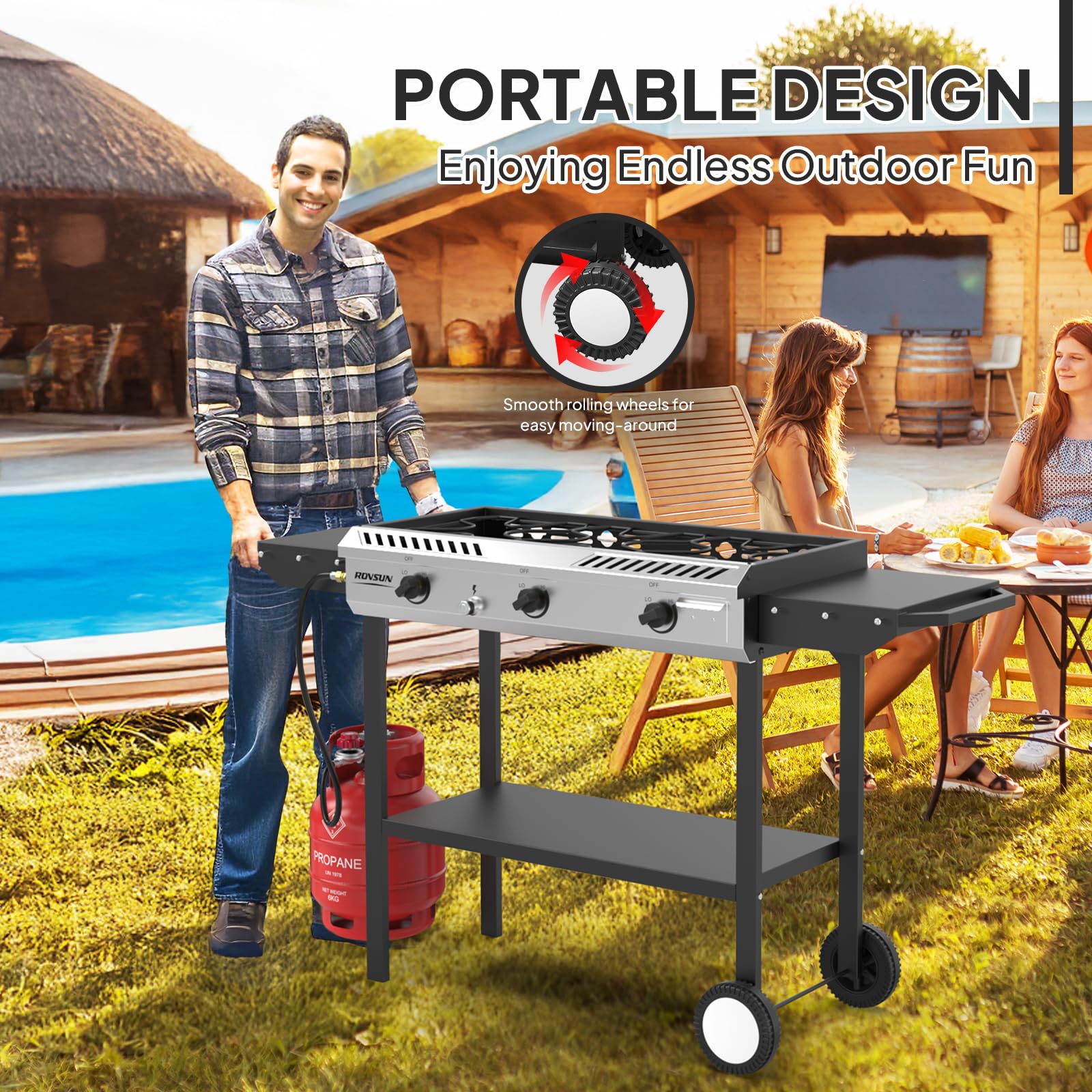 ROVSUN 3 Burner 225,000 BTU Outdoor Gas Propane Stove with Side Shelves & Wheels