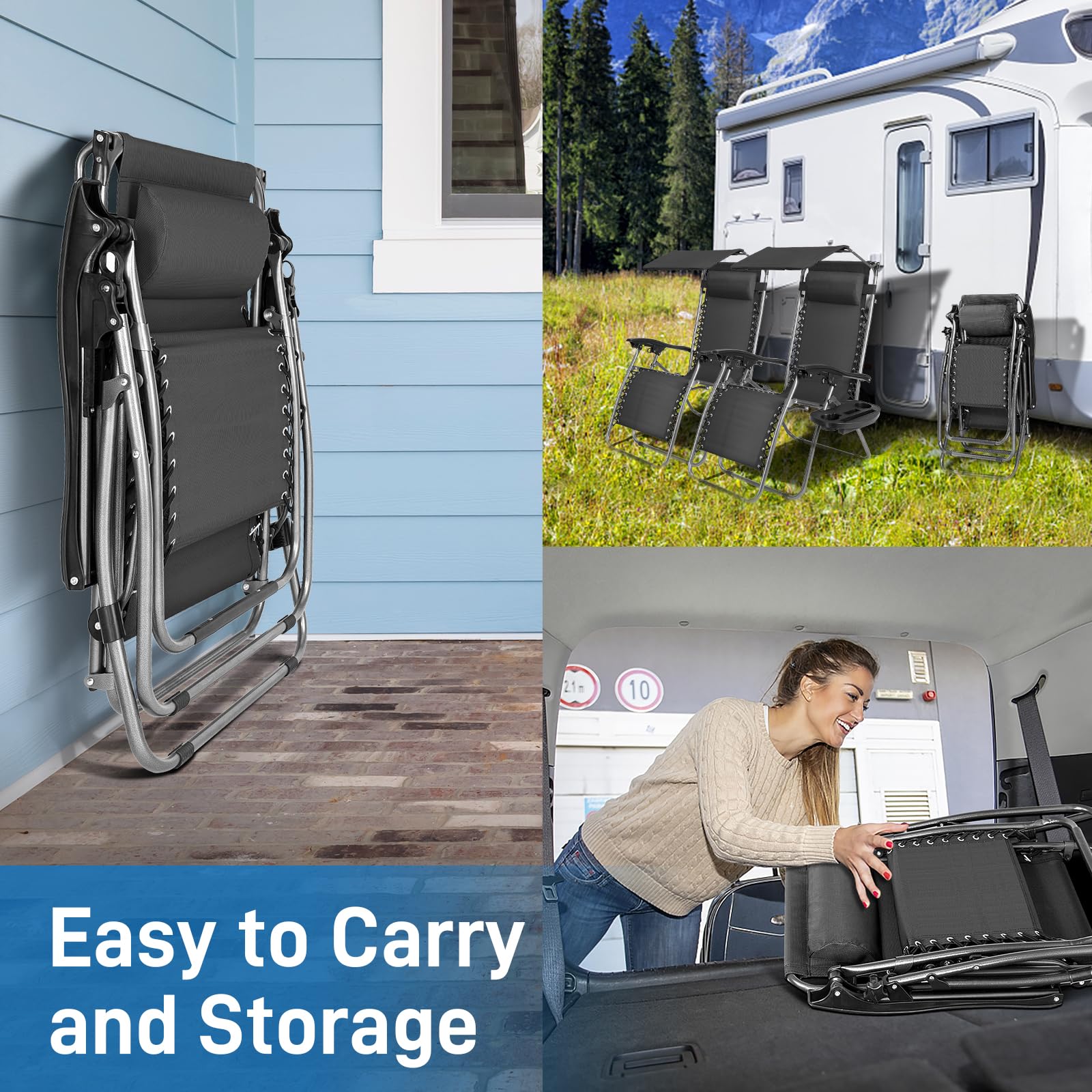 Outdoor Folding Zero Gravity Lounge Chair with Canopy Black