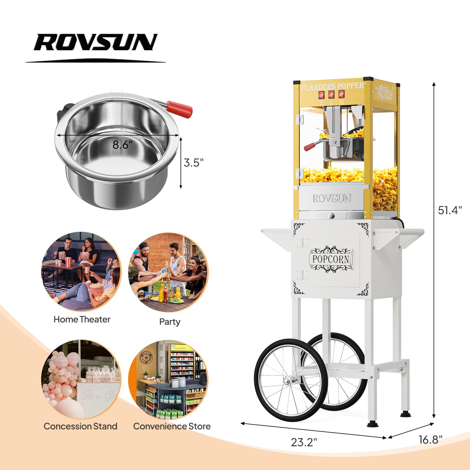 ROVSUN 8 oz Kettle 800W 120V Popcorn Machine Cart Gold