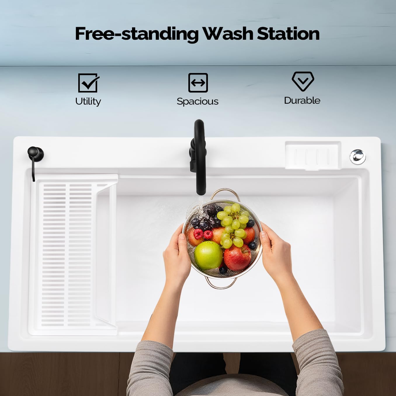 ROVSUN 40" X 24" Heavy Duty Plastic Laundry Tub with Storage Shelf White