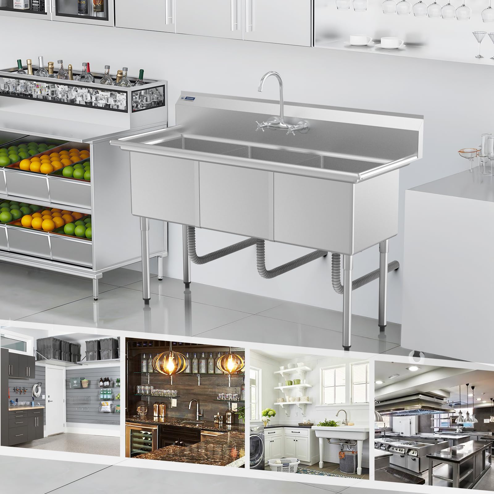 ROVSUN 60" x 24" 3 Compartment 304 Stainless Steel Sink with Backsplash