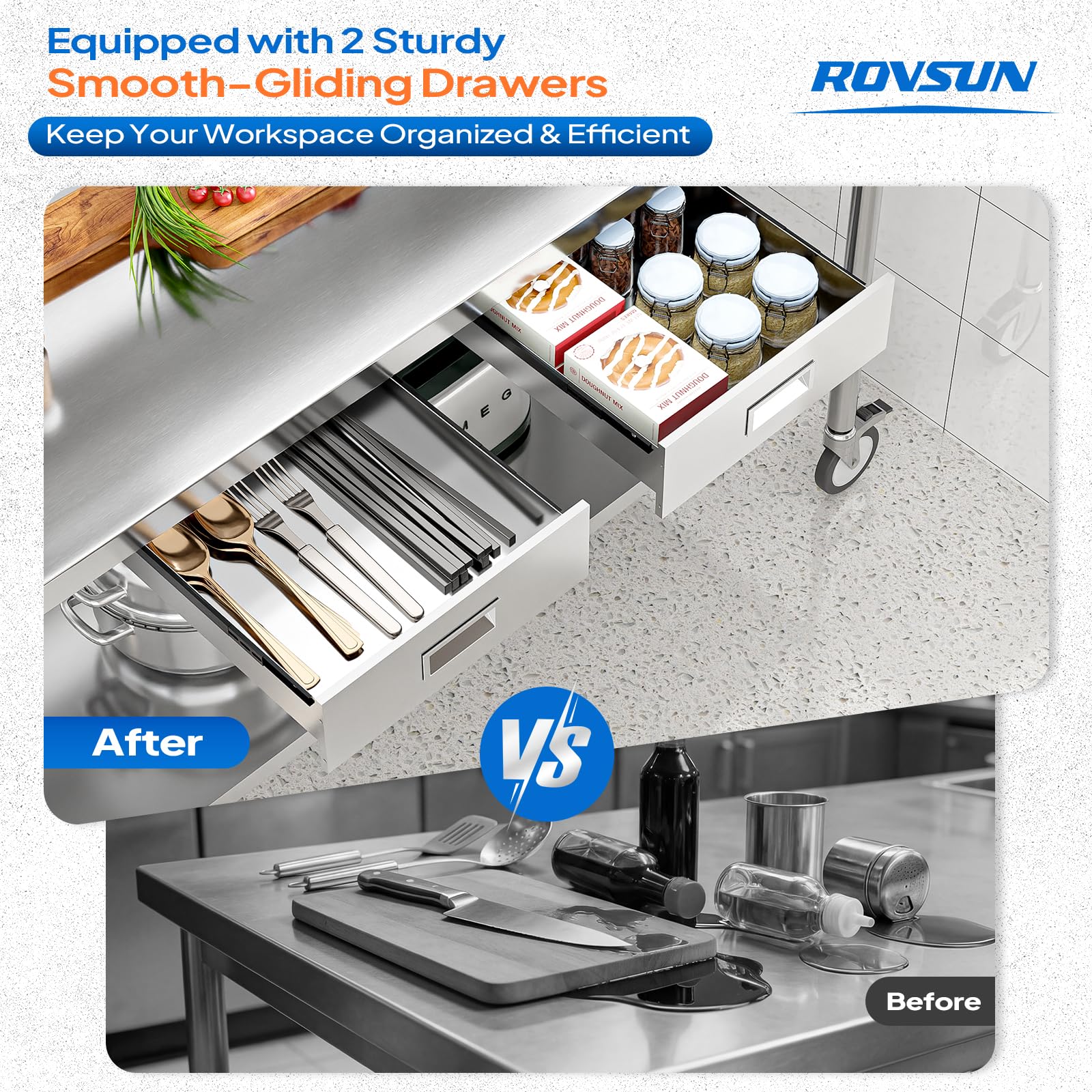 ROVSUN 60" X 24" Stainless Steel Table with Wheels & Drawers