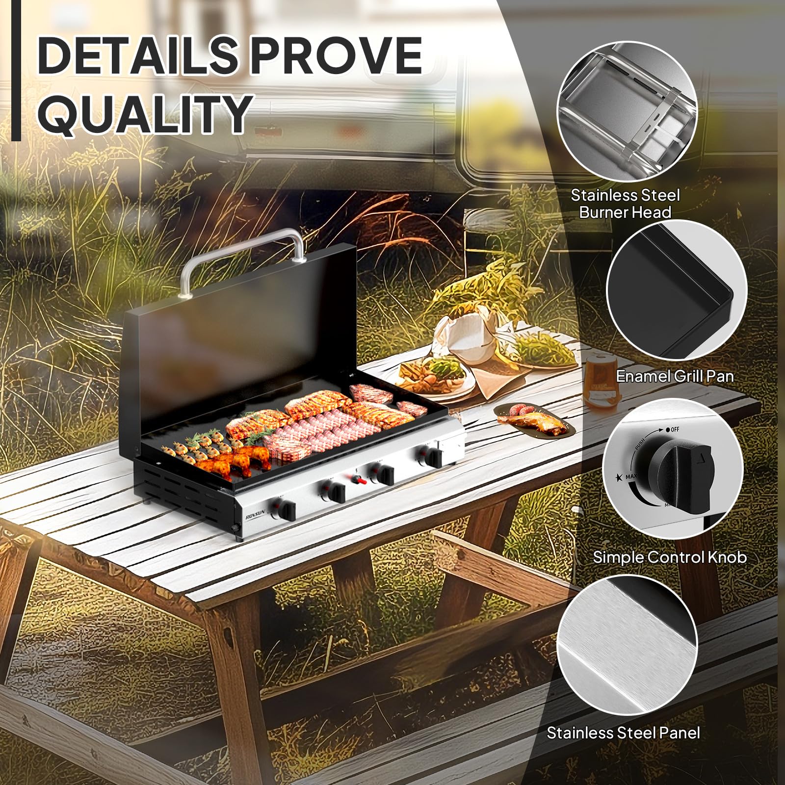 ROVSUN 4 Burner 40,000 BTU Portable Propane Tabletop Flat Top Gas Grill with Lid