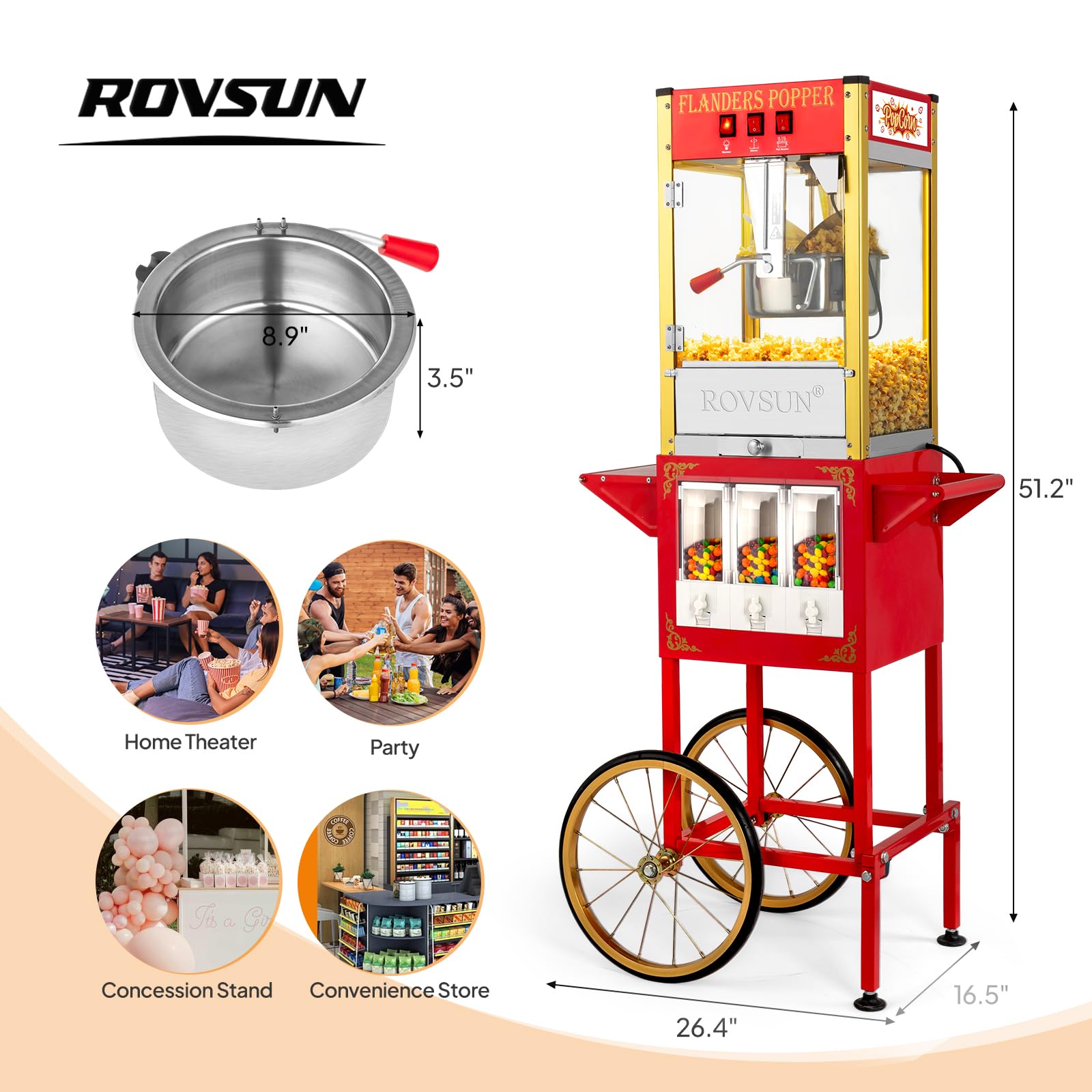 ROVSUN 8 oz. Kettle 800W 120V Popcorn Machine Maker Cart with Candy Dispenser Red