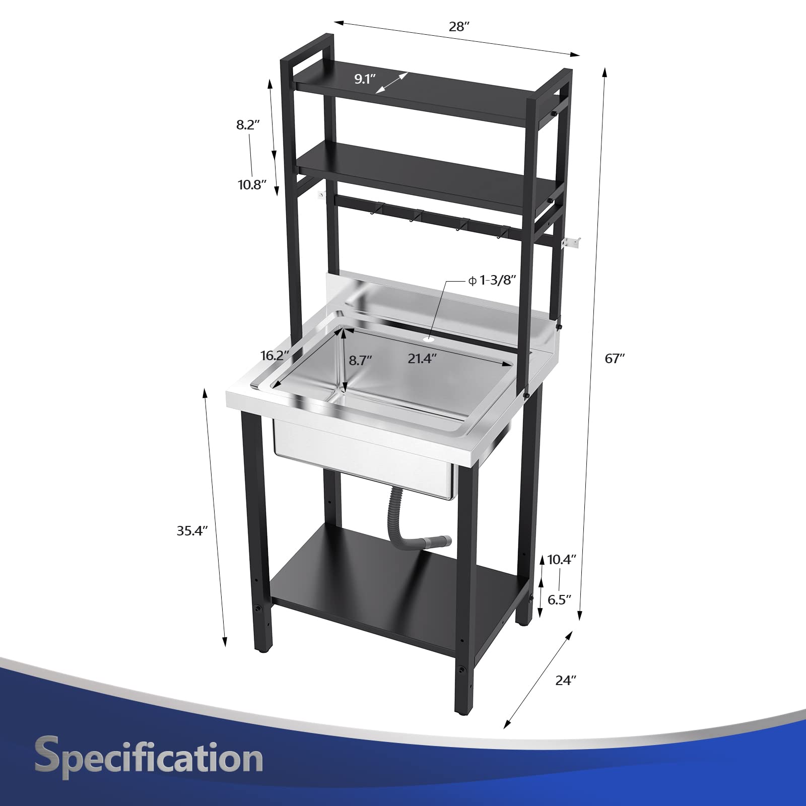 ROVSUN 28" x 24" One Compartment Stainless Steel Sink with Shelves