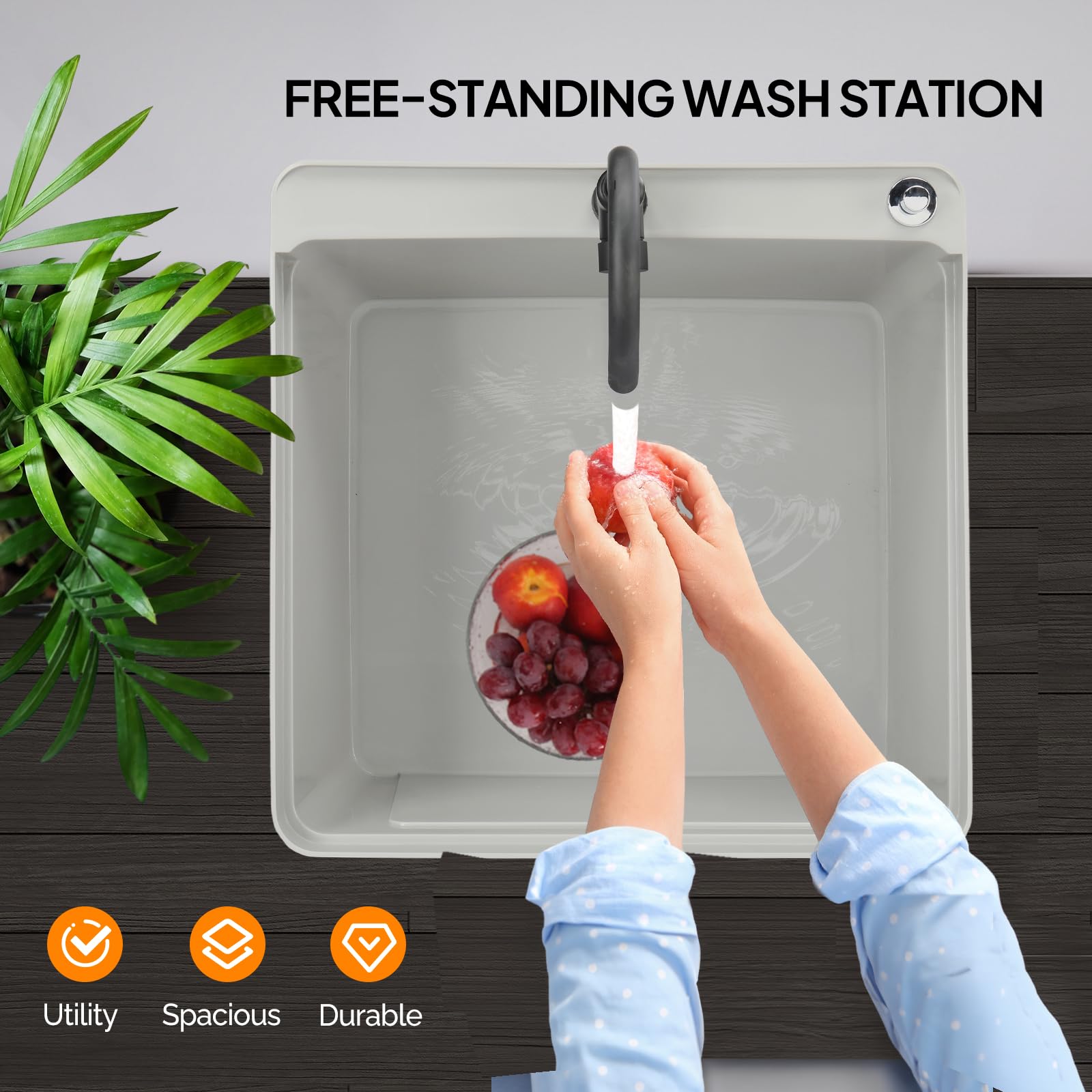 ROVSUN 24" X 24" Plastic Utility Sink with Faucet & Storage Shelf Gray