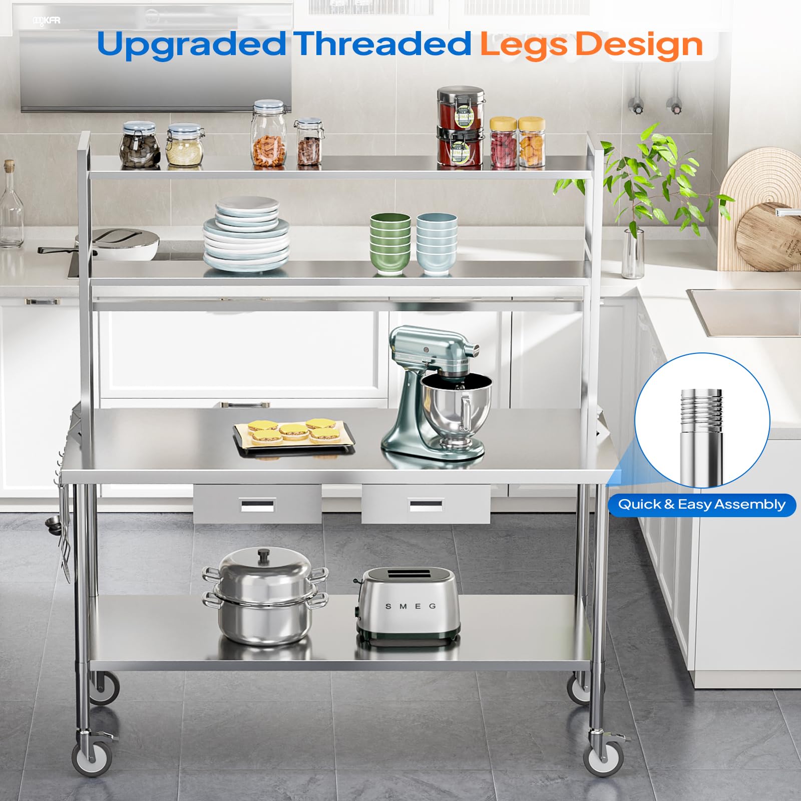 ROVSUN 48" X 24" Stainless Steel Table with Wheels & Drawers