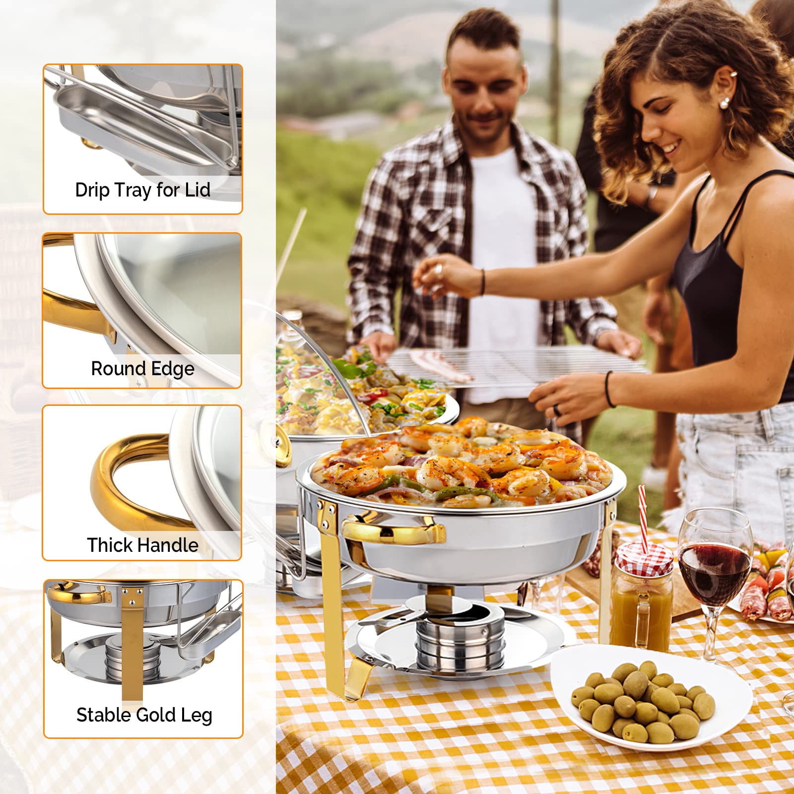 ROVSUN 5 QT Round Gold Chafing Dish Set with Glass Lid & Lid Holder