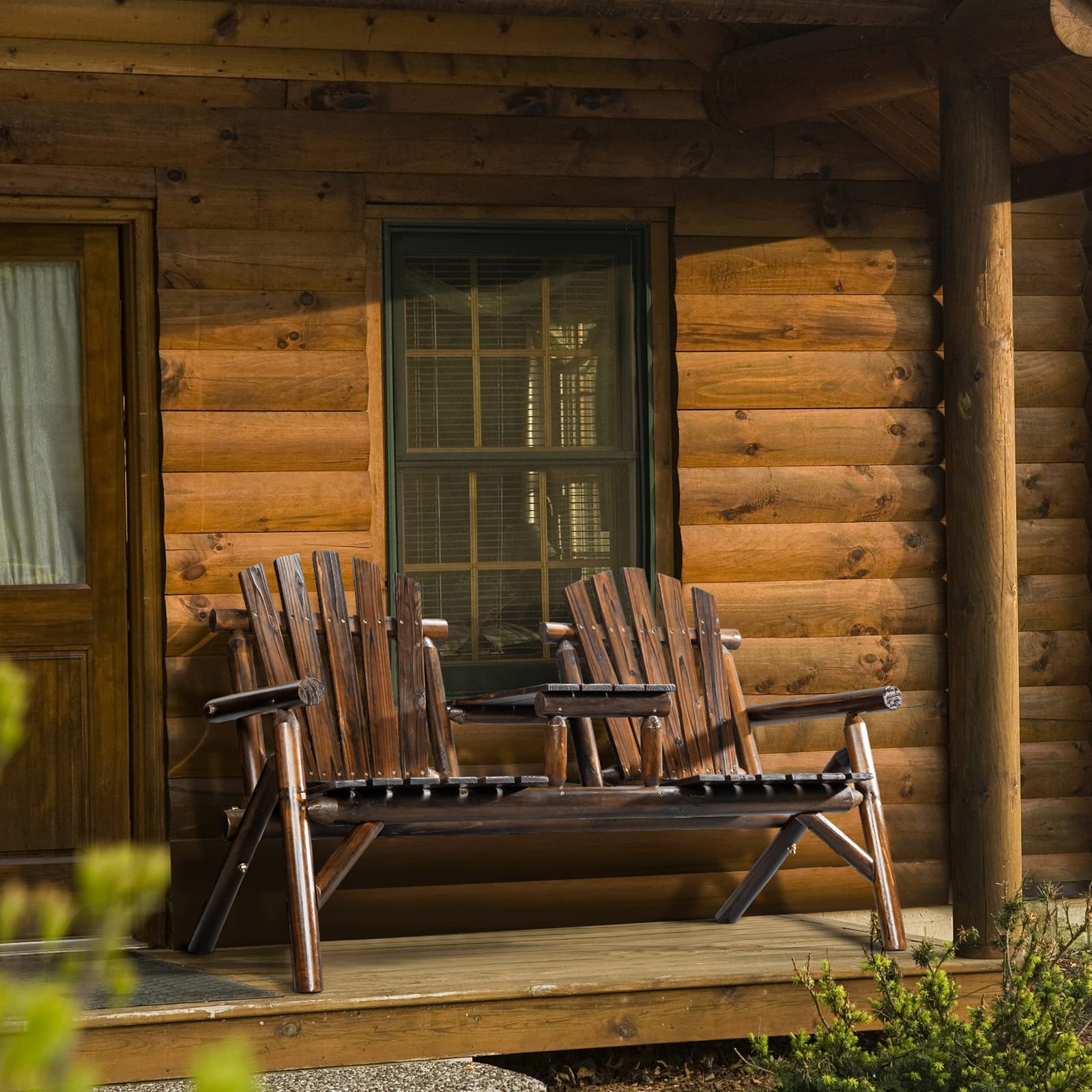 61" Outdoor Bench Adirondack Bench with Built-in Table