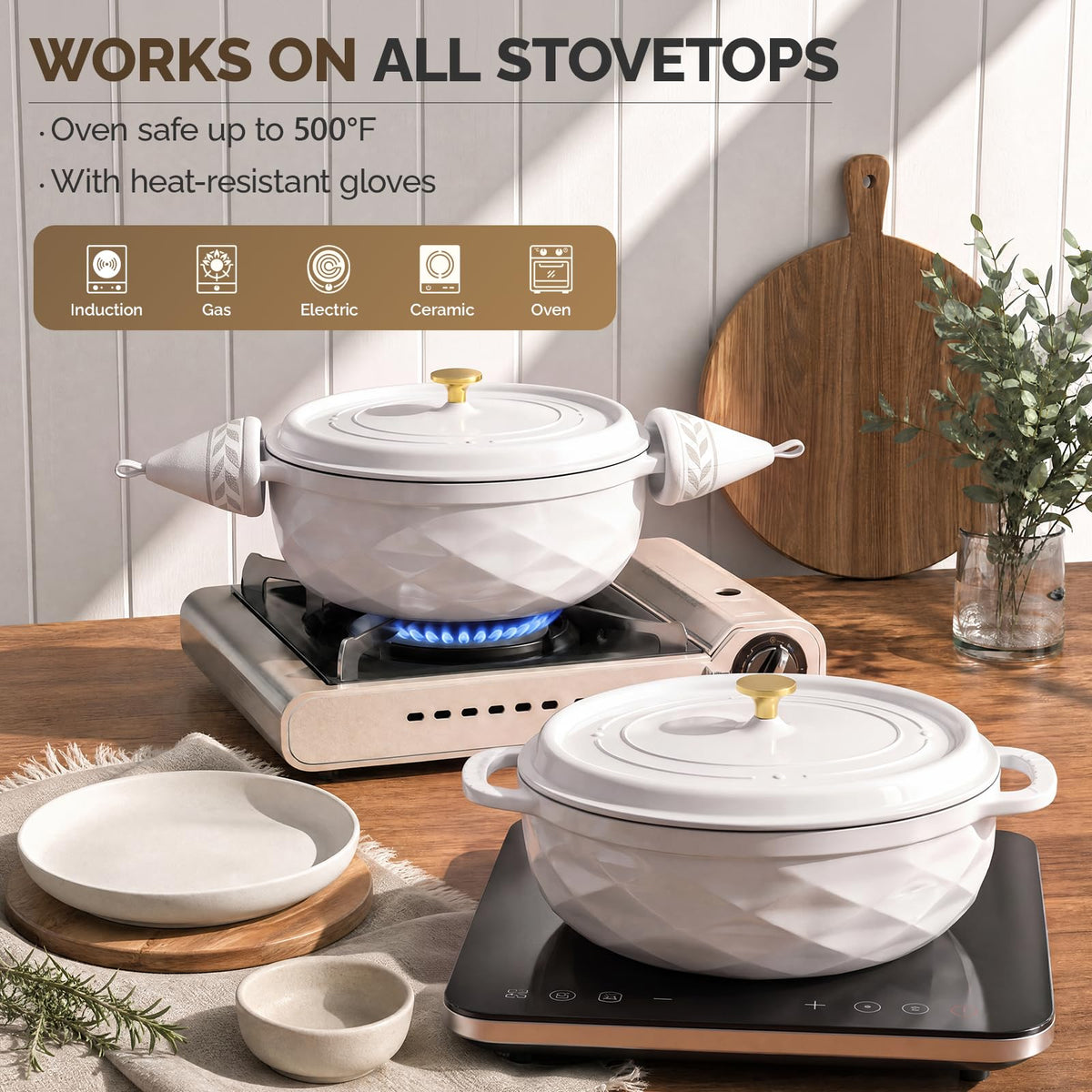 ROVSUN 7.5 QT Oval Enameled Cast Iron Dutch Oven Pot White