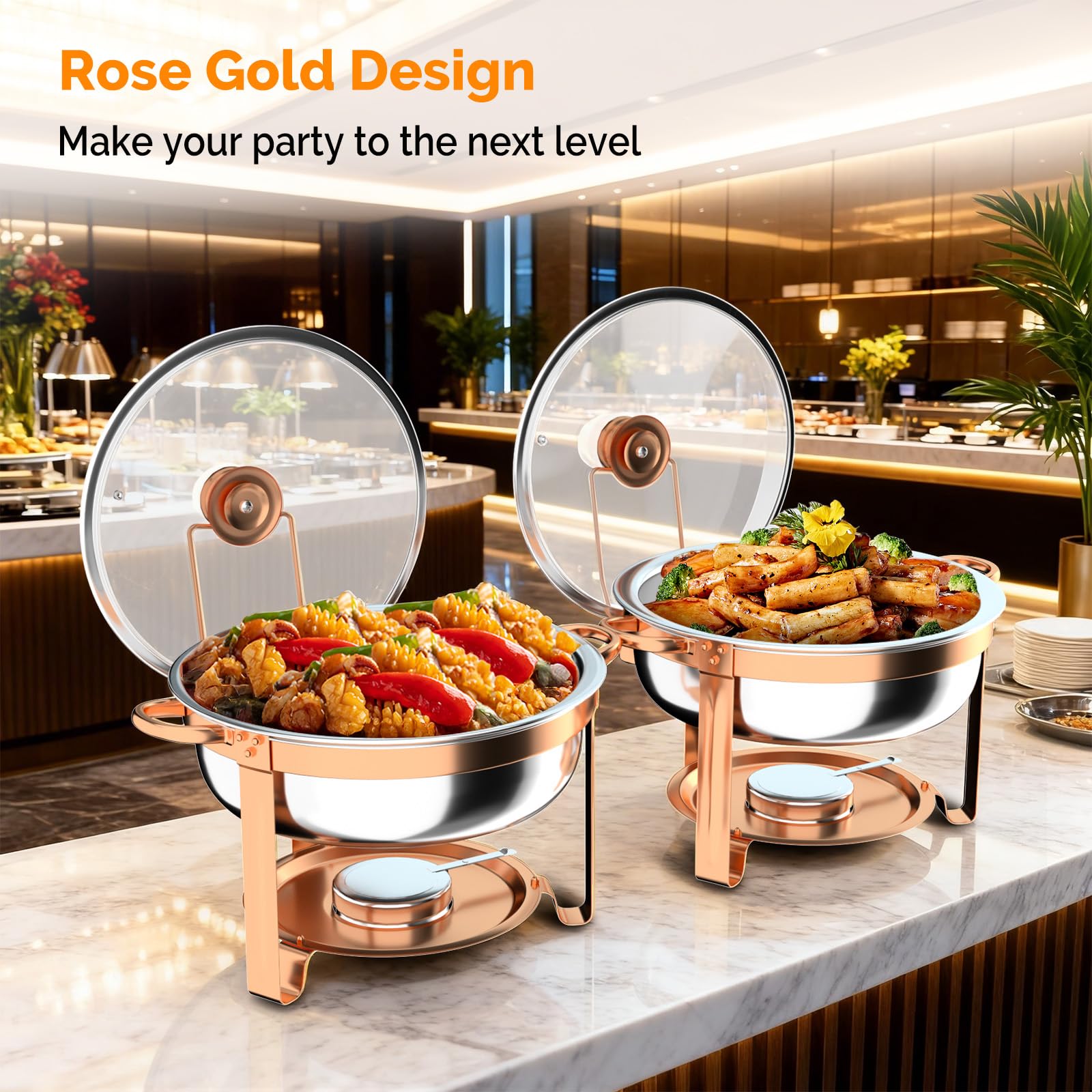 ROVSUN 6 QT Round Rose Gold Chafing Dish Buffet Set with Lid Holder