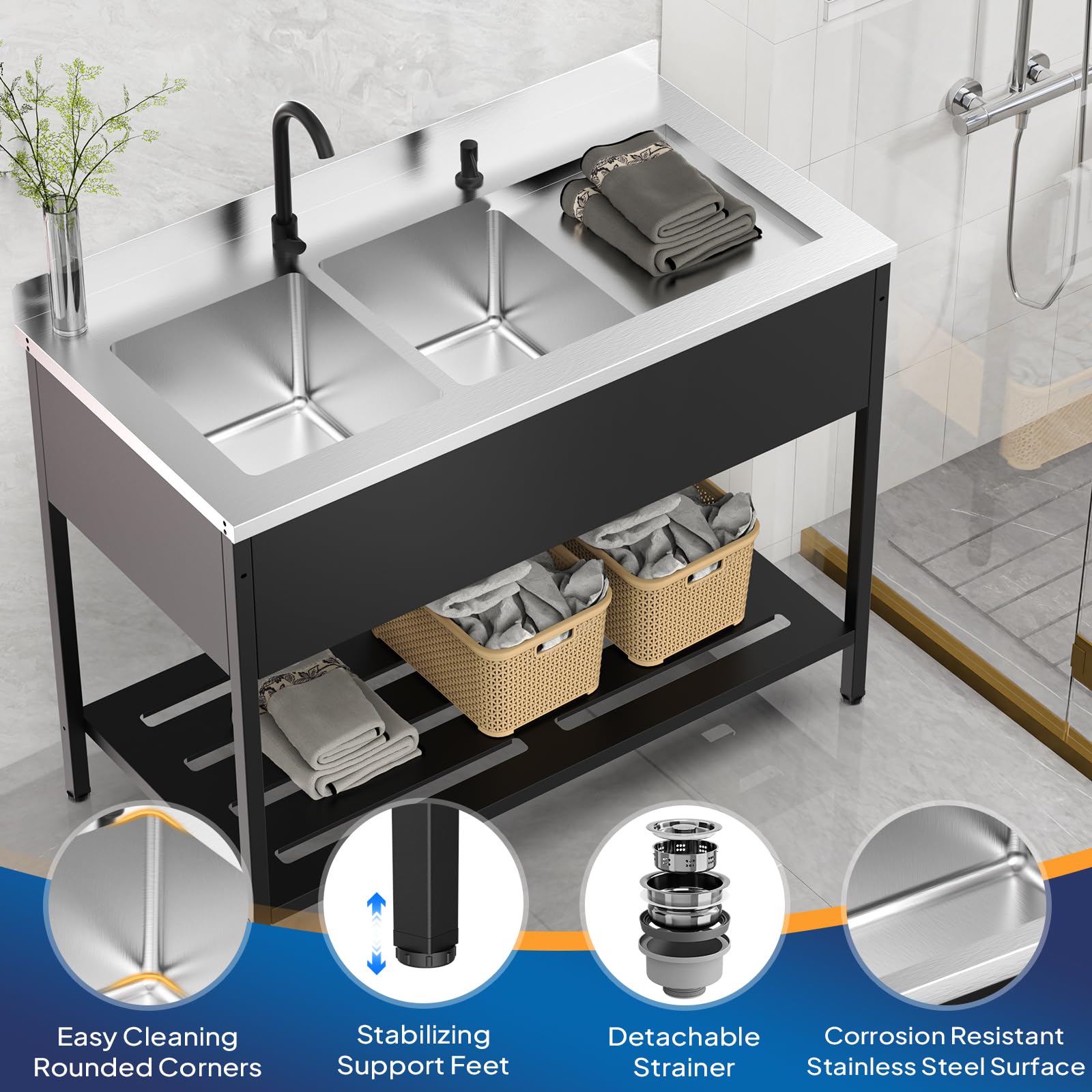 ROVSUN 48" x 24" Stainless Steel Double Bowl Utility Sink with Faucet