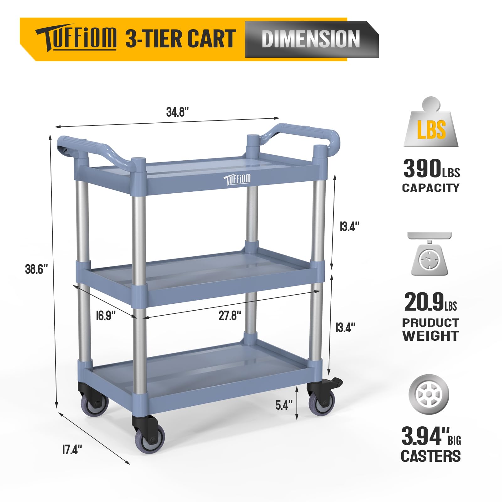 3-Tier 35" x 17" 390 lb. Capacity Plastic Utility Cart/Bussing Cart Grey