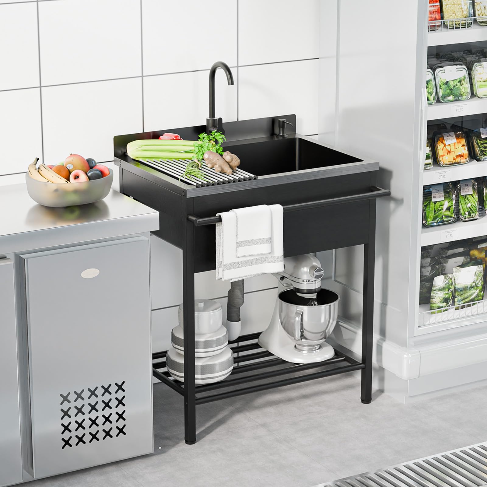 ROVSUN 31" x 22" Stainless Steel Utility Sink with Faucet & Draining Rack