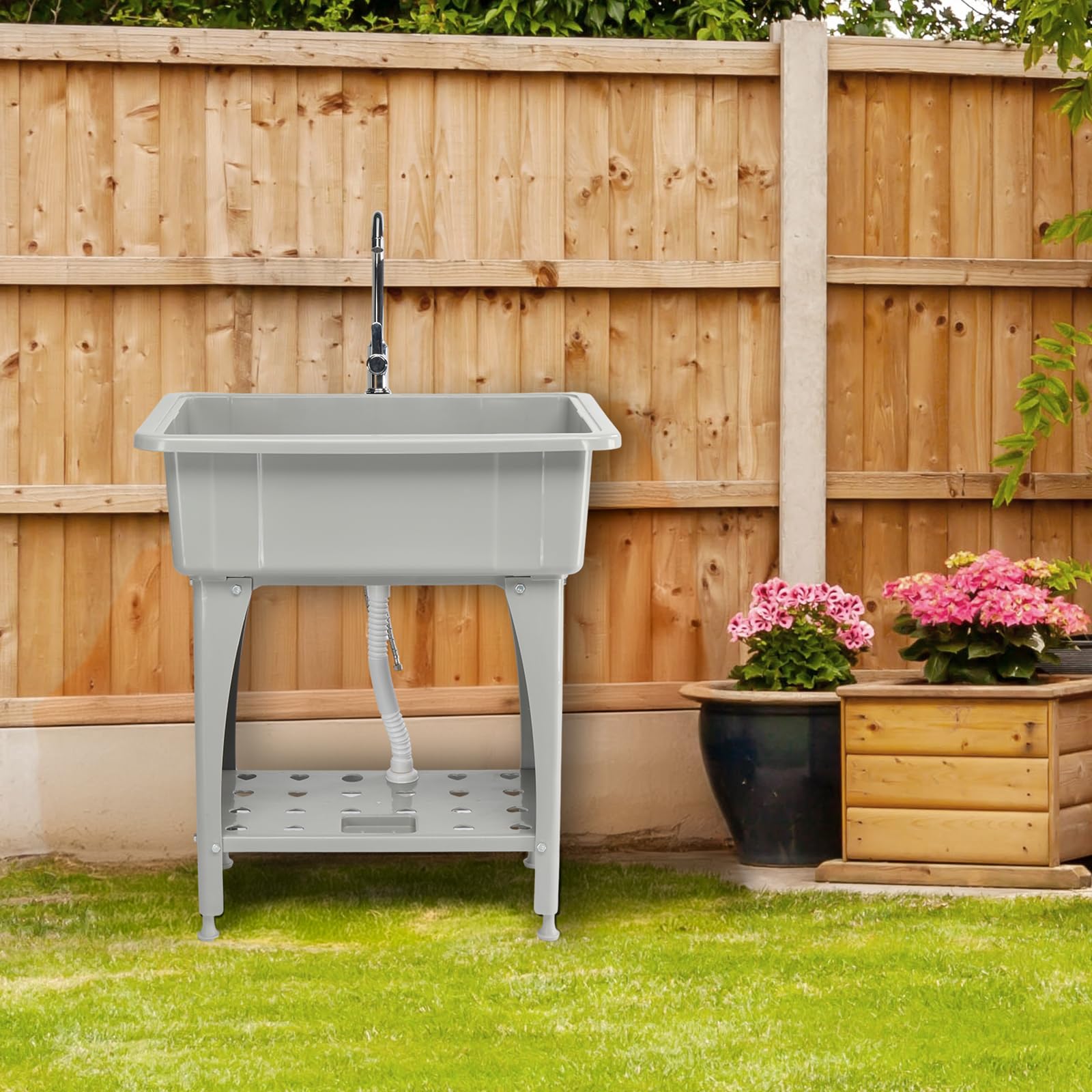 ROVSUN 32" x 22" Utility Sink Laundry Tub with Hot & Cold Faucet Gray