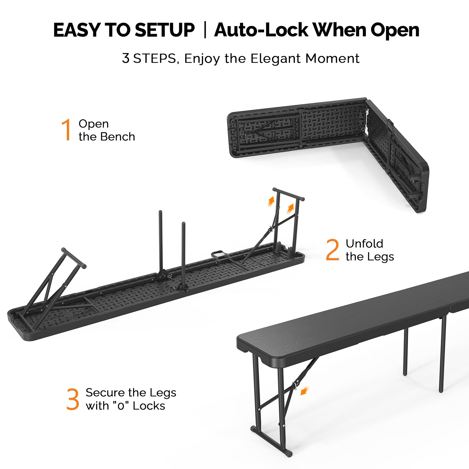 VINGLI 6 Feet Plastic Folding Bench Outdoor Picnic Party Seat Black