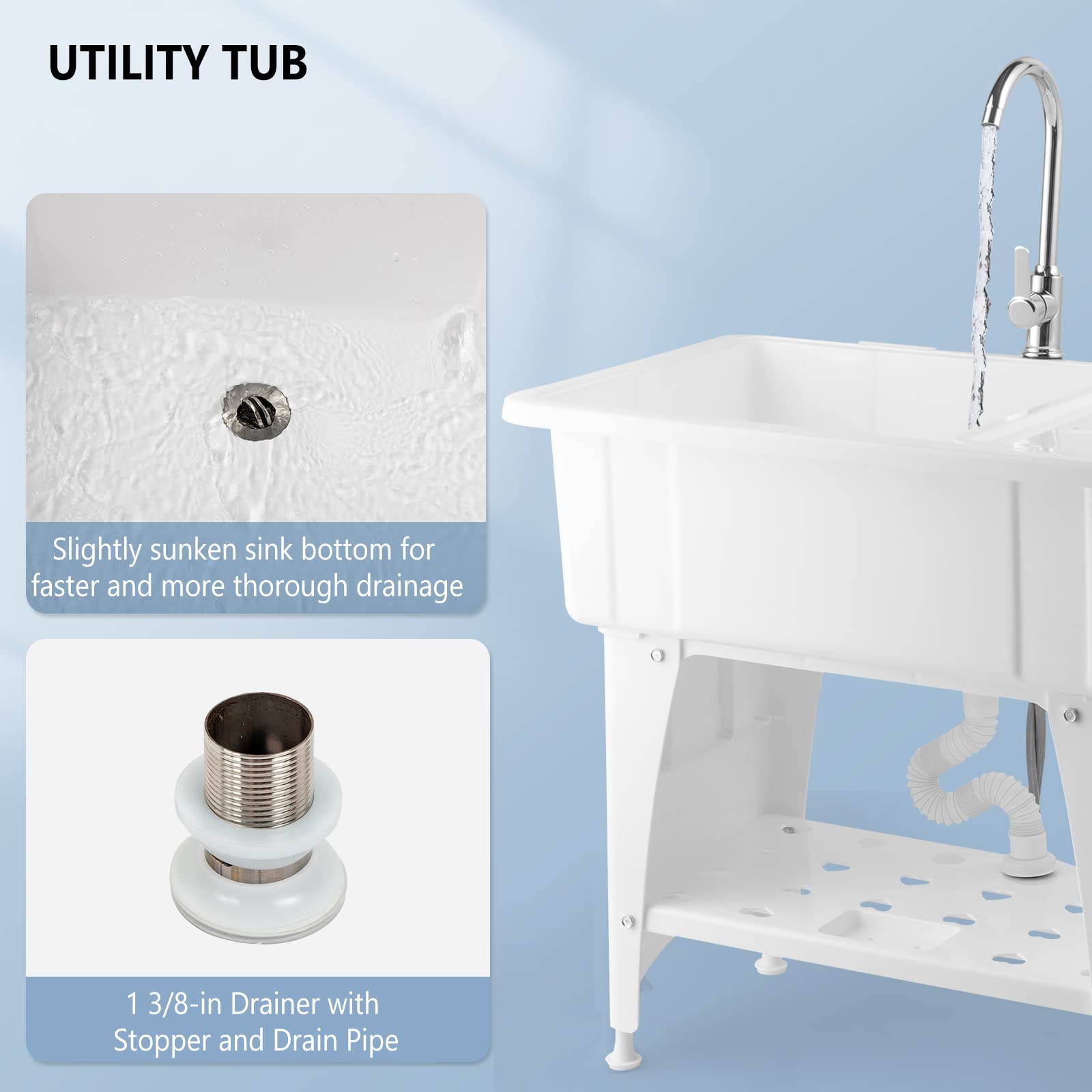 ROVSUN 32" x 22" Utility Sink Laundry Tub with Faucet & Shelf & Drainboard White