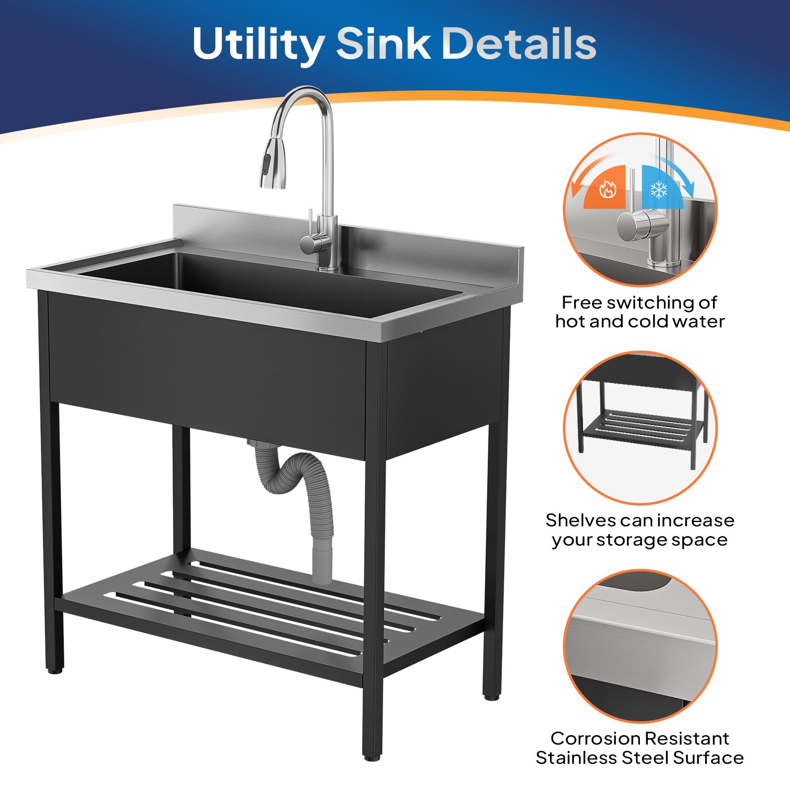 ROVSUN 36" x 20" Stainless Steel Utility Sink with Faucet & Draining Rack